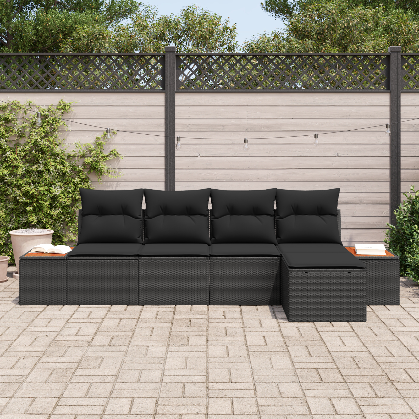 vidaXL 5-delige tuinbank set met kussens zwart poly riet acacia