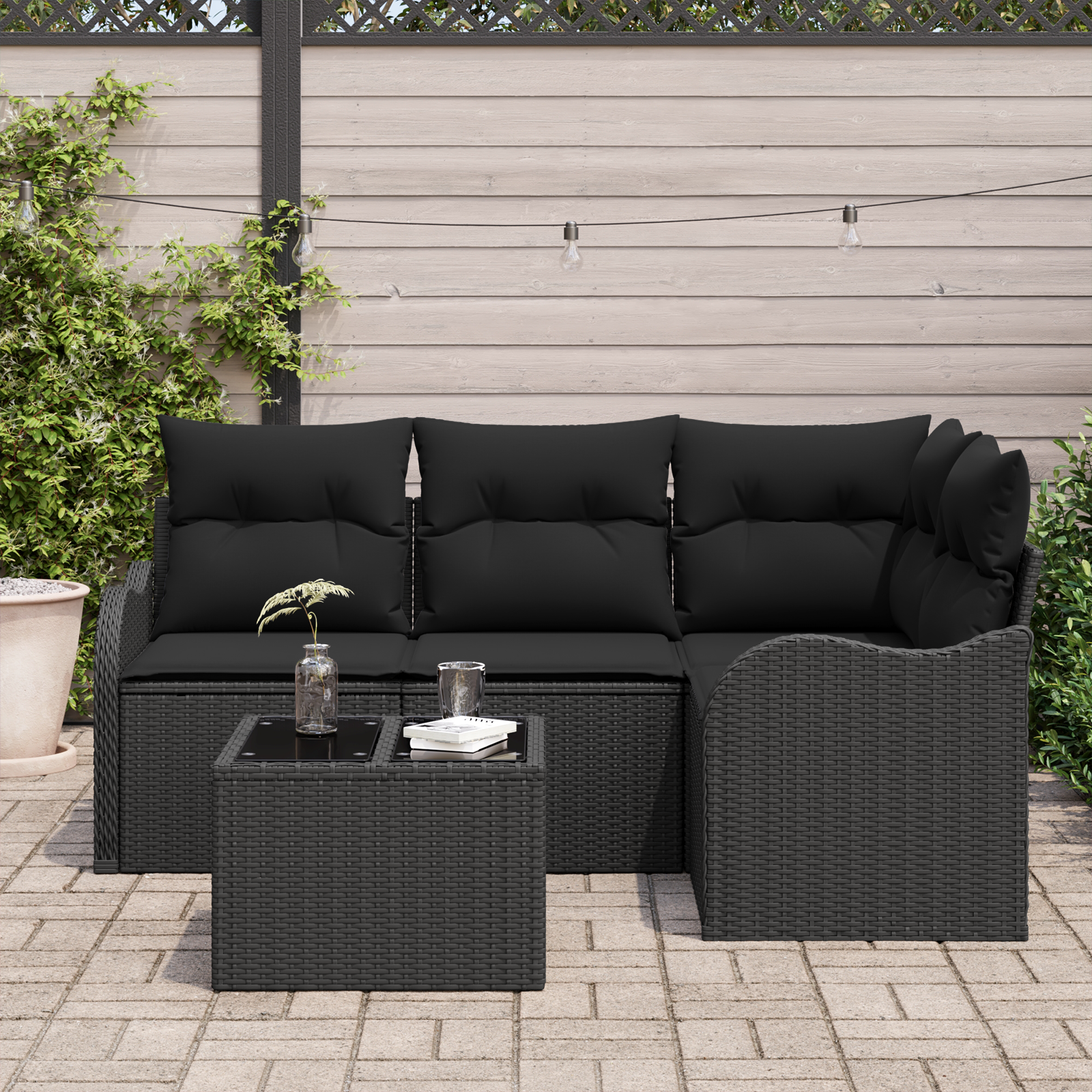 vidaXL 5-delige Tuinbankenset met kussens poly rattan beige