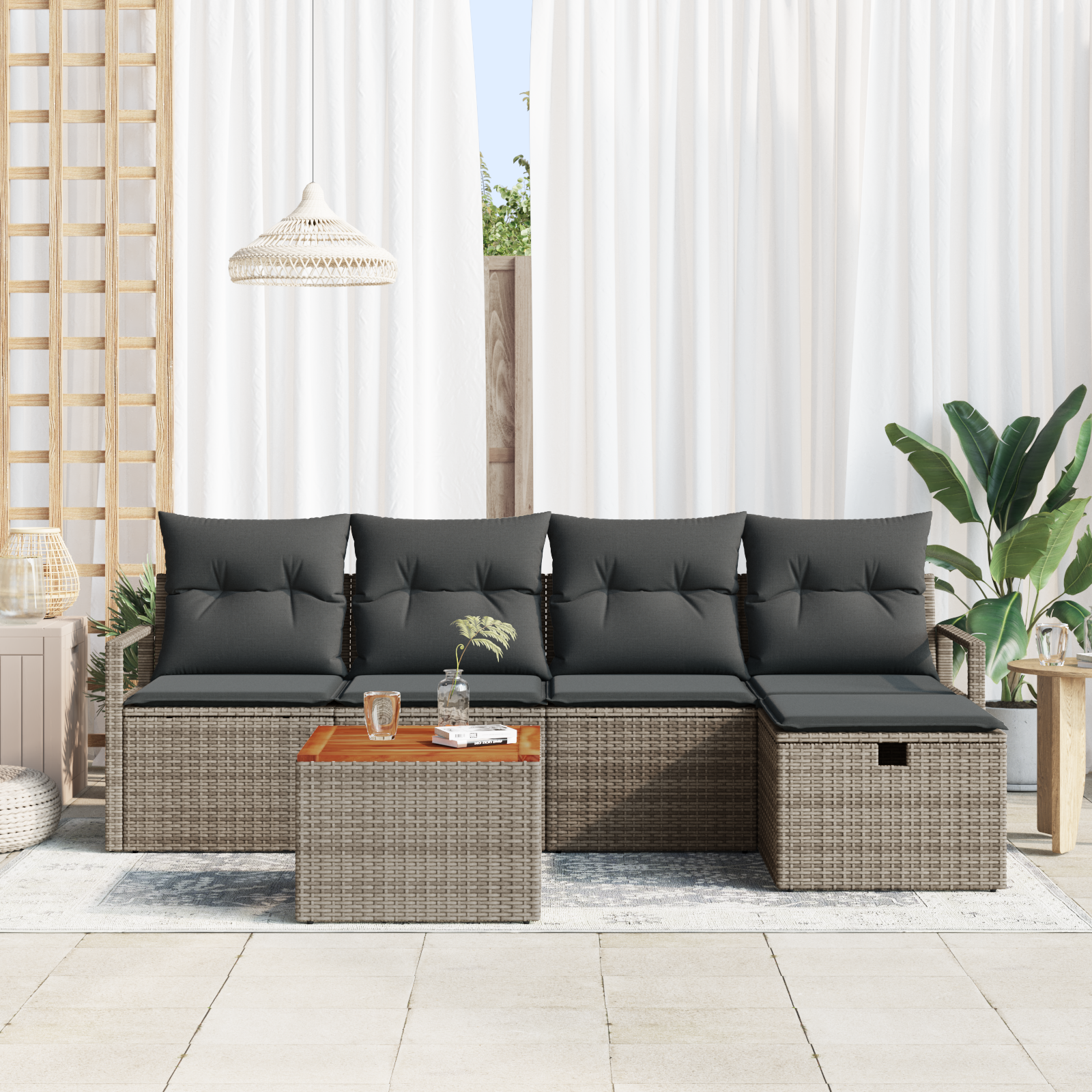 vidaXL 6-delige Tuinbankenset met kussens poly rattan grijs
