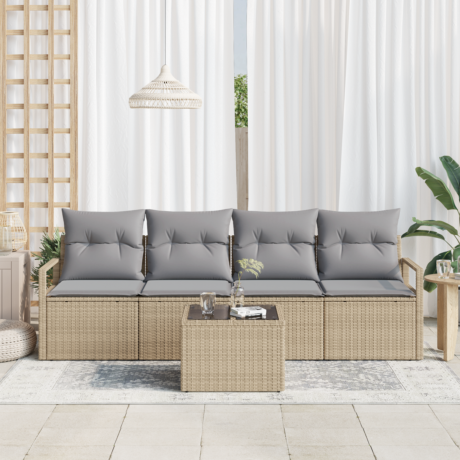 vidaXL 5-delige tuinset met kussens in beige poly rattan