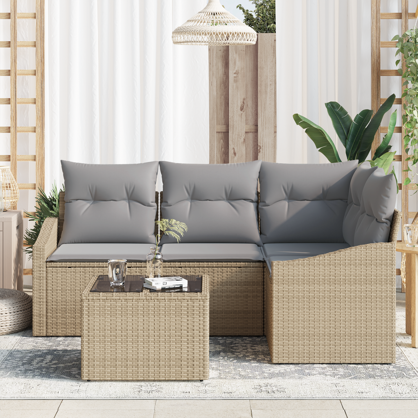 vidaXL 5-delige Tuinbankenset met kussens poly rattan zwart