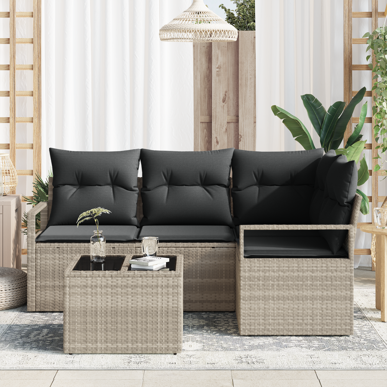 vidaXL 5-delige Tuinbankenset met kussens poly rattan grijs