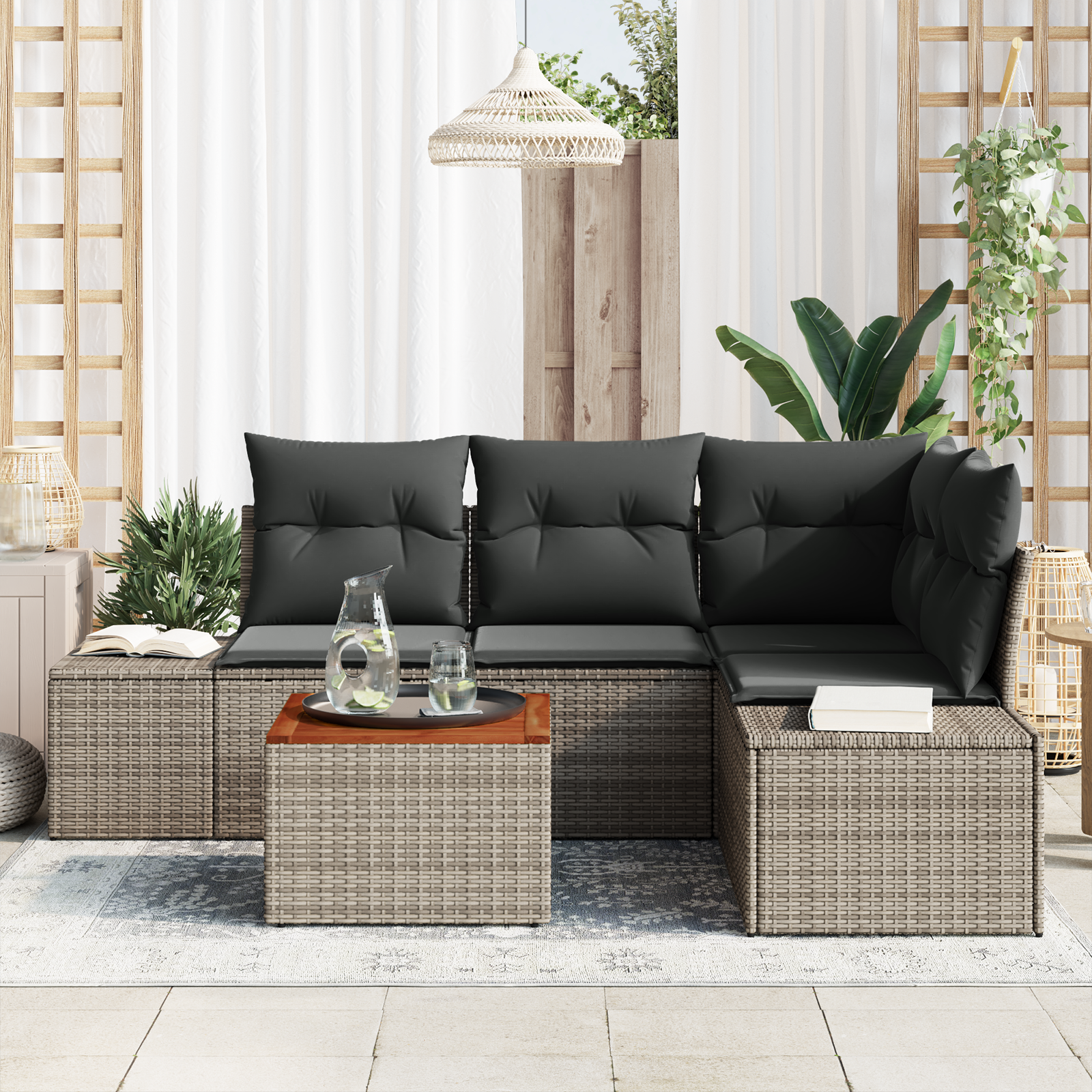 vidaXL 5-delige tuinset met kussens - Grijs Poly Rattan Acacia