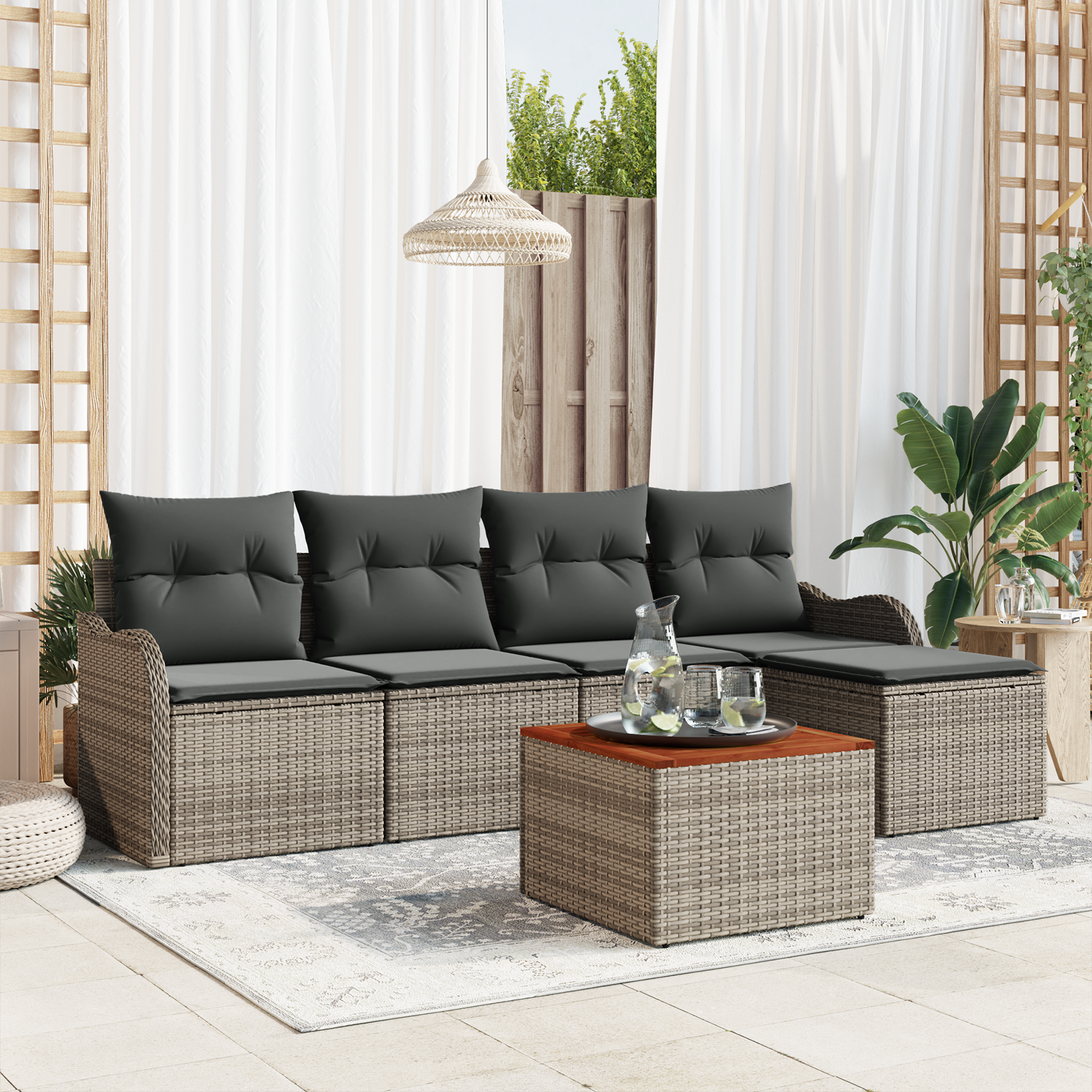 vidaXL 6-delige tuinsofa set met kussens grijs poly rattan acacia
