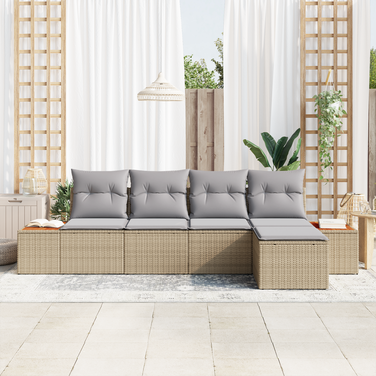 vidaXL 5-delige ligbedset met kussens - Beige Poly Rattan en Acacia