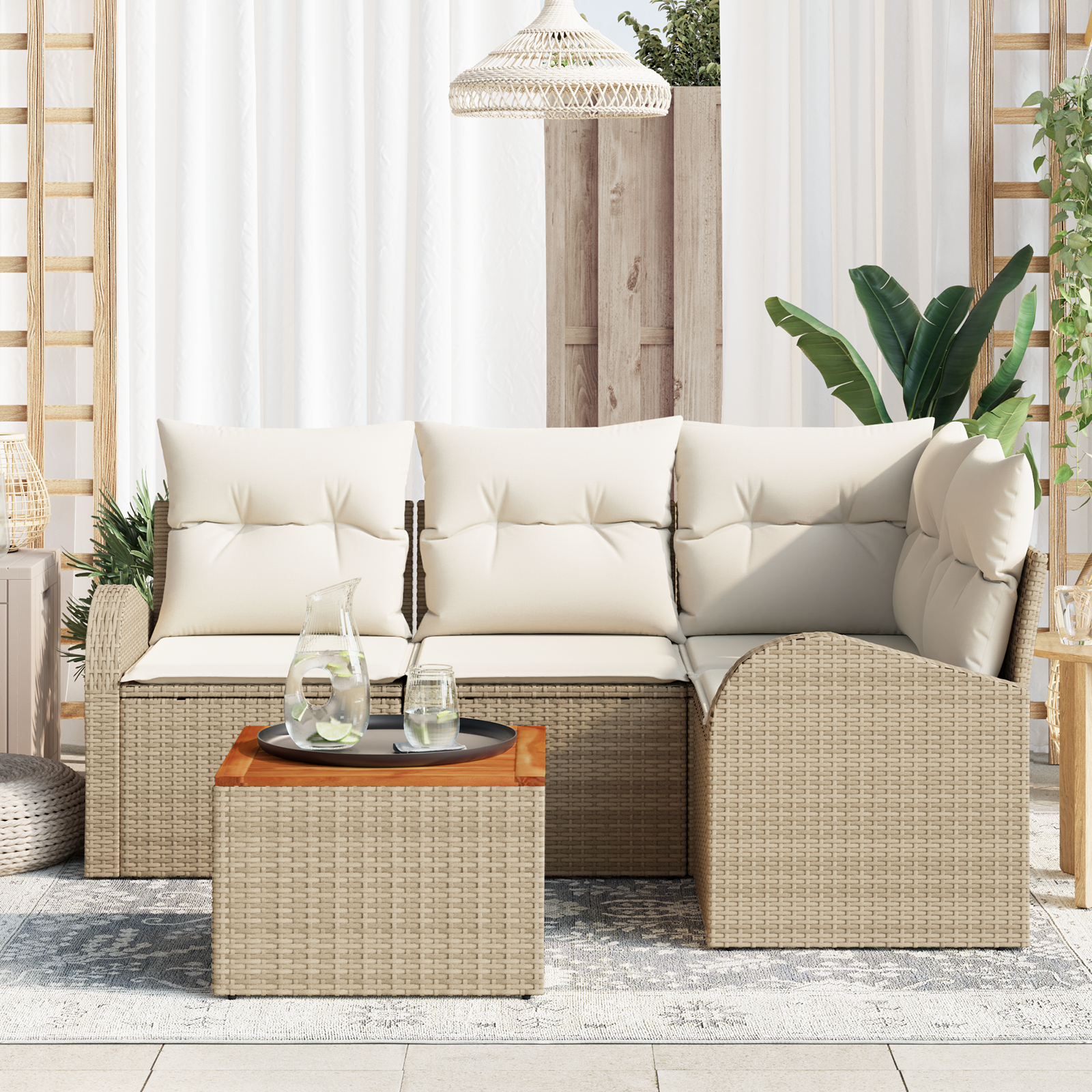 vidaXL 5-delige tuinset met kussens in Beige van Poly Rattan en Acacia