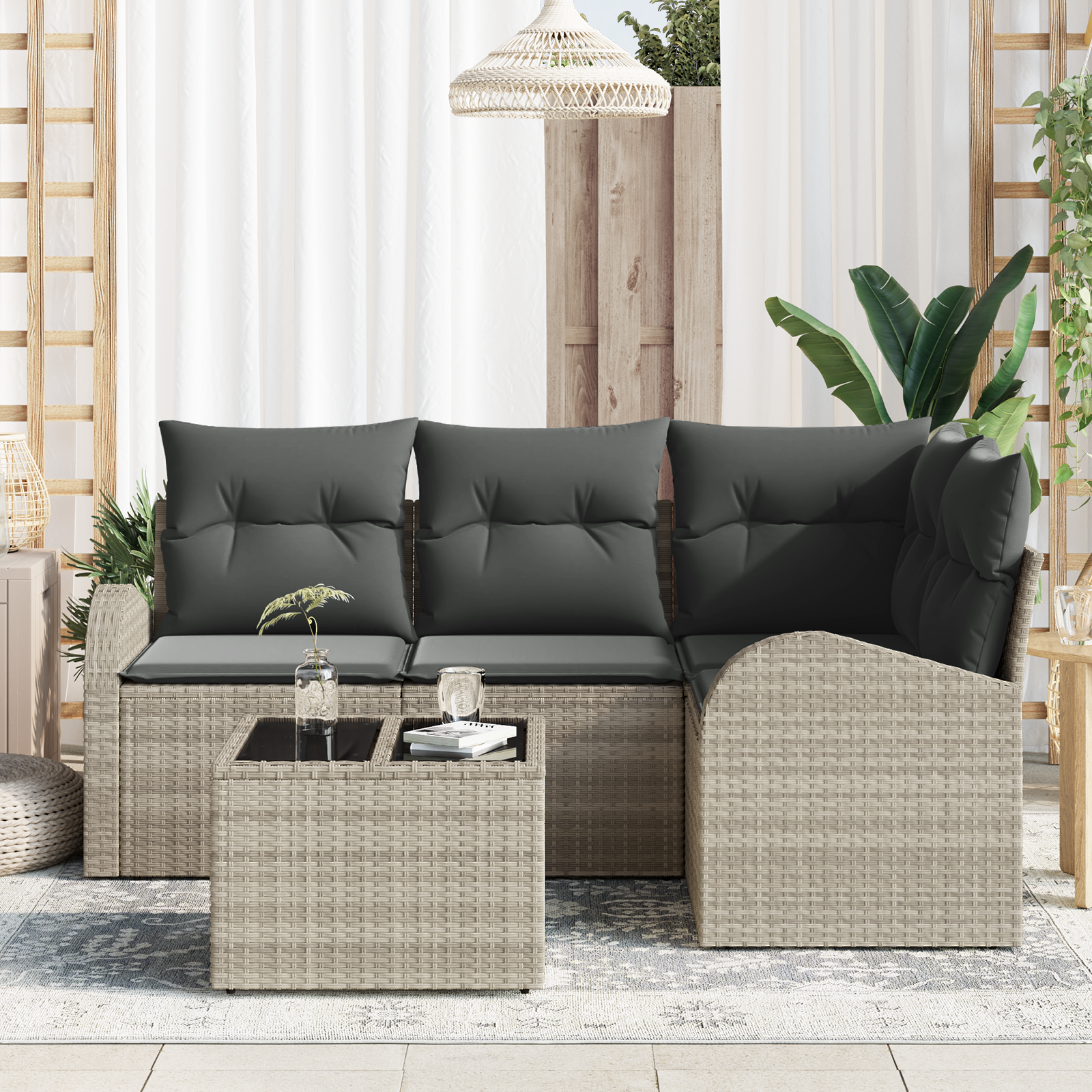 vidaXL 5-delige tuinbankset met kussens in grijs poly rattan