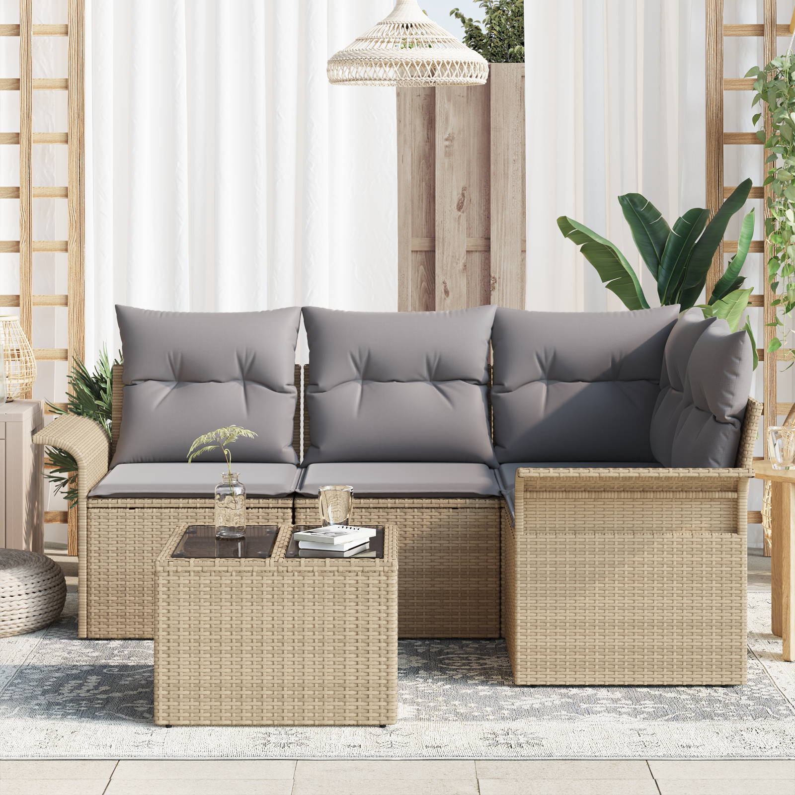 vidaXL 5-delige tuinbankset met kussens - Zwart Poly Rattan