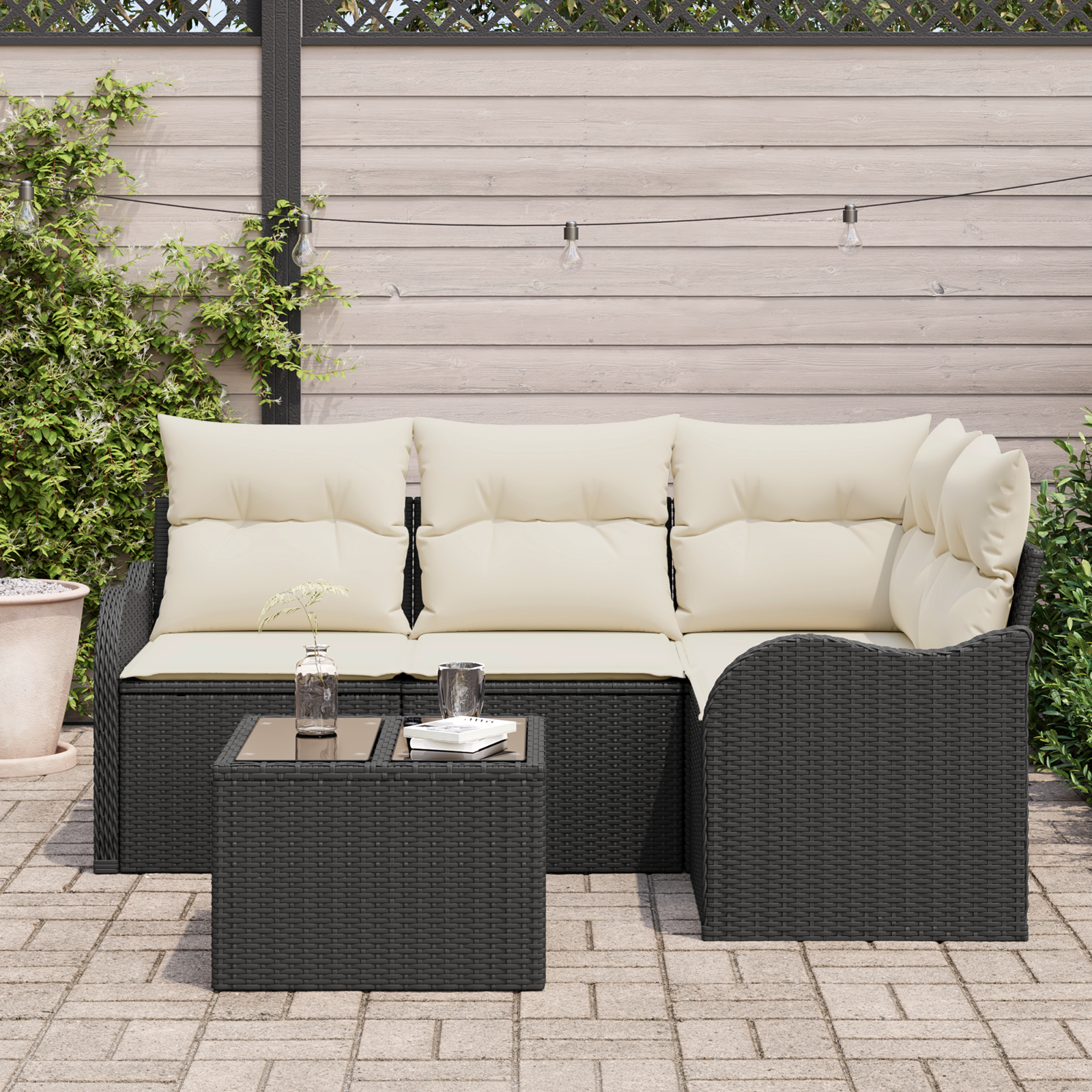 vidaXL 4-delige Tuinbankenset met kussens poly rattan bruin
