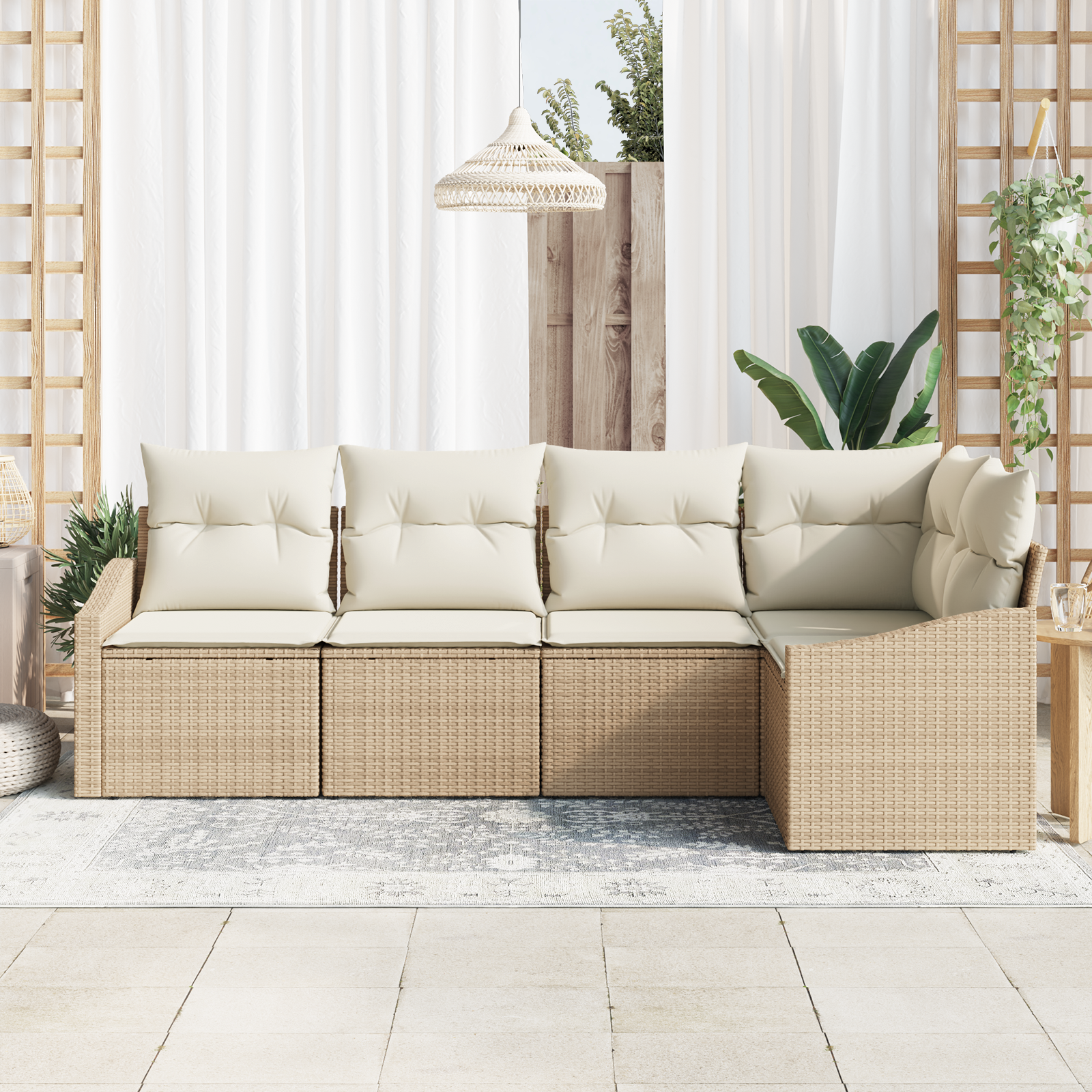 vidaXL 5-delige Tuinbankenset met kussens poly rattan beige
