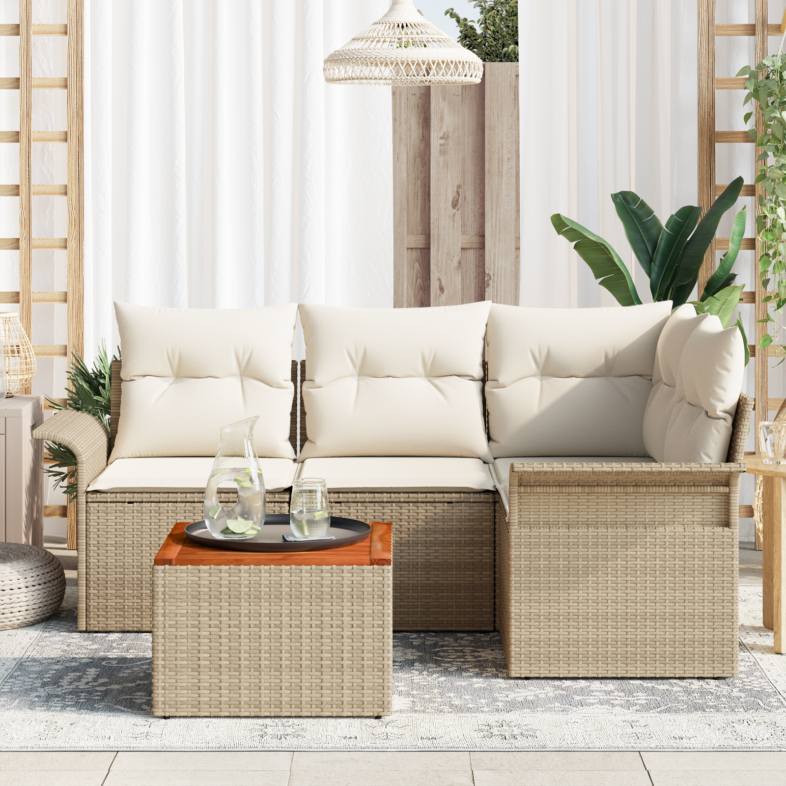 vidaXL 5-delige Tuinbankenset met kussens poly rattan acaciahout beige