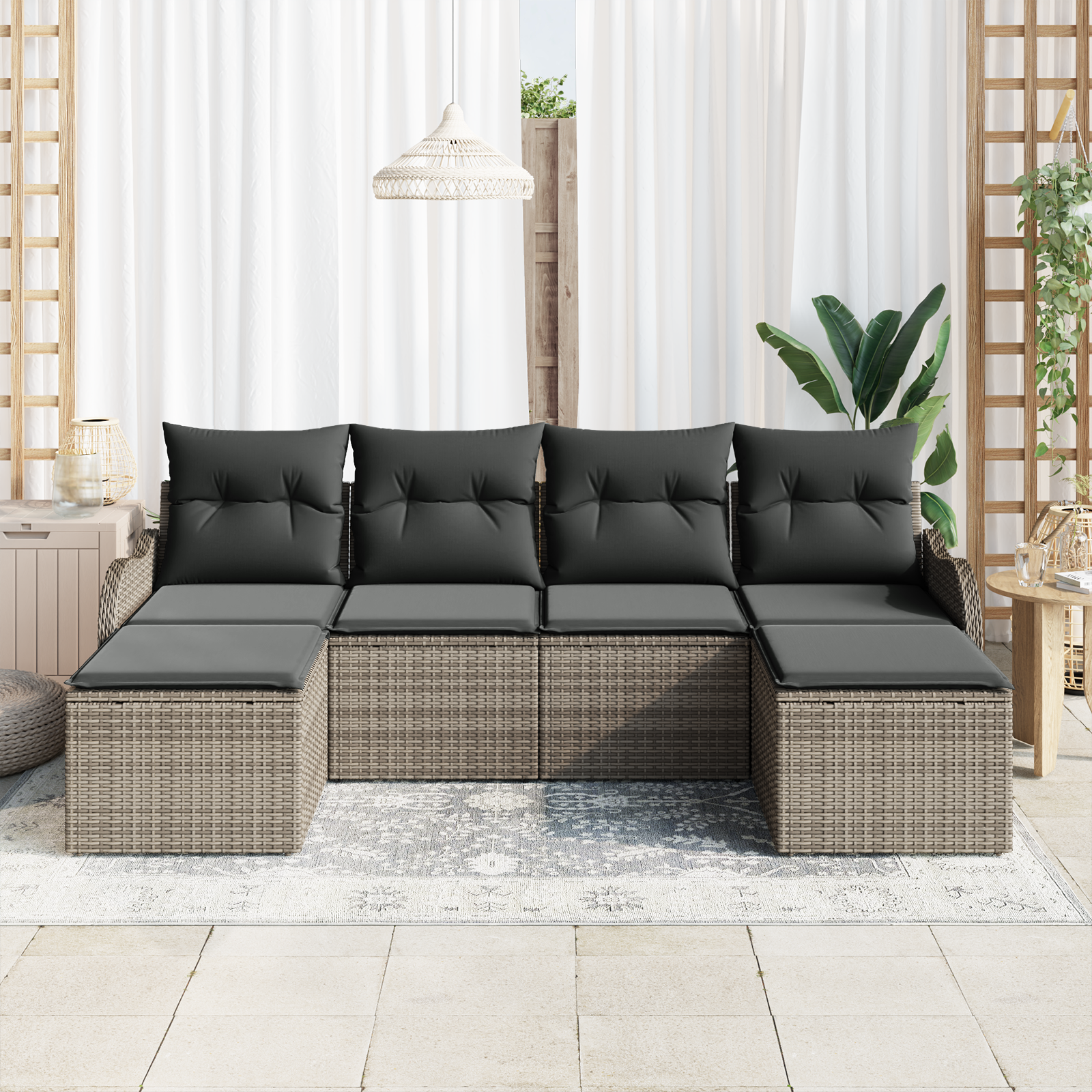 vidaXL 6-delig tuinset met kussens - grijs poly riet