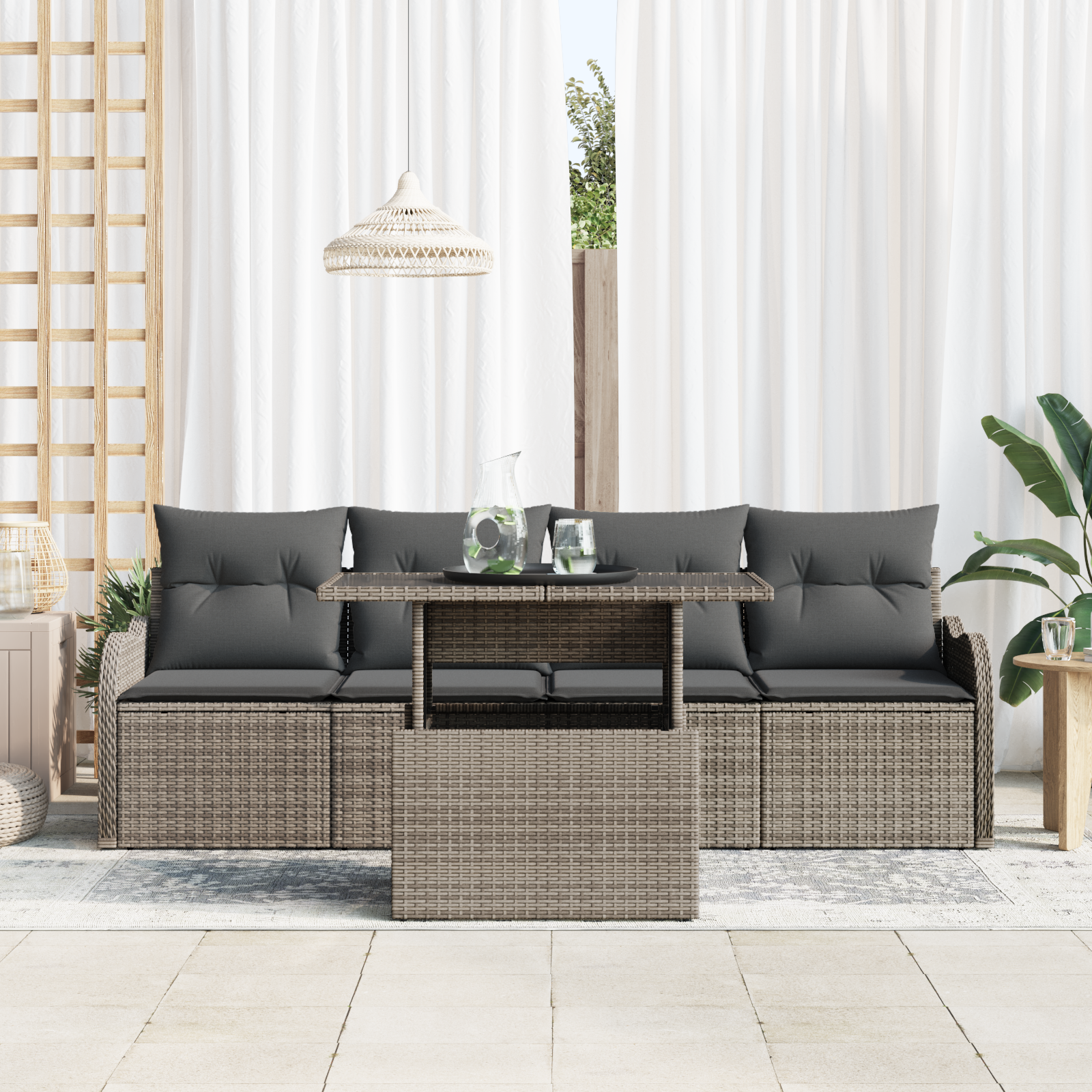 vidaXL 5-delige Tuinbankenset met kussens grijze poly rattan