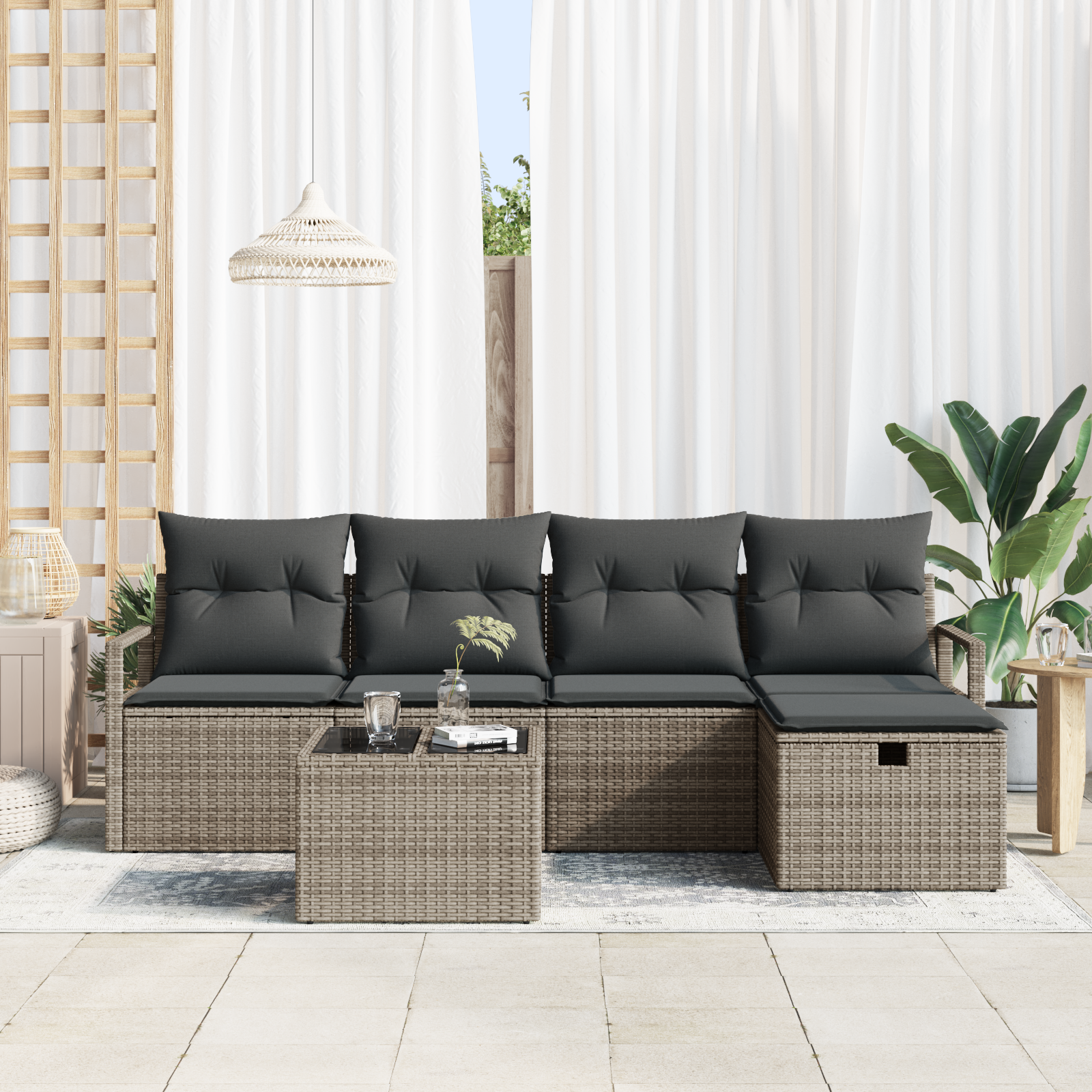 vidaXL 6-delige tuinset met kussens - Grijs Poly Rattan