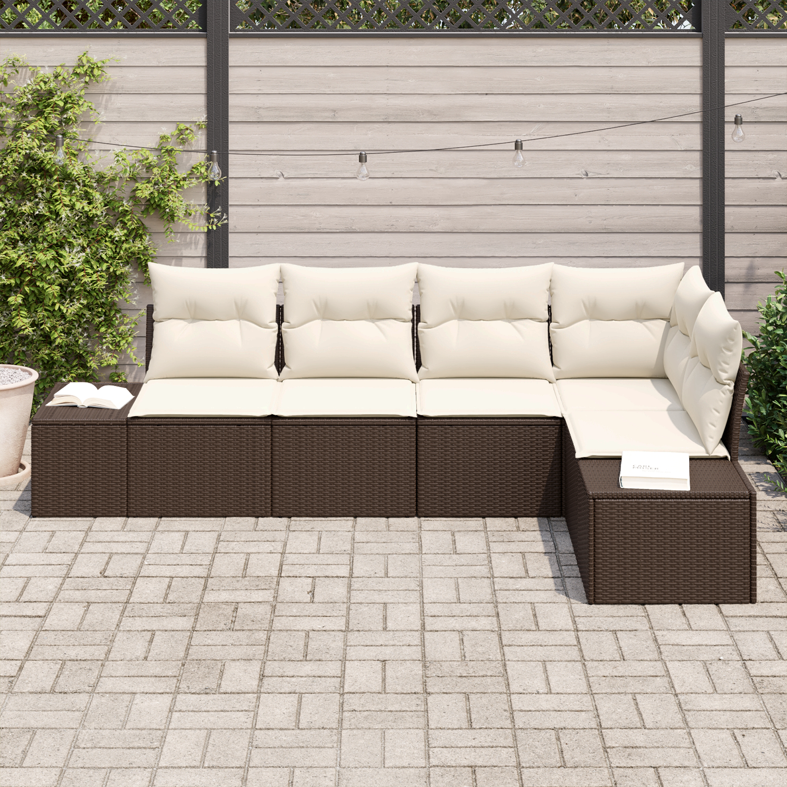 vidaXL 5-delige Tuinbankenset met kussens poly rattan bruin