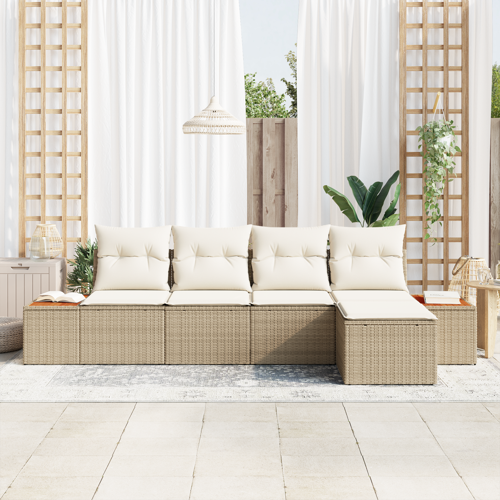 vidaXL 5-delige tuinset met kussens Beige Poly Rattan Acacia