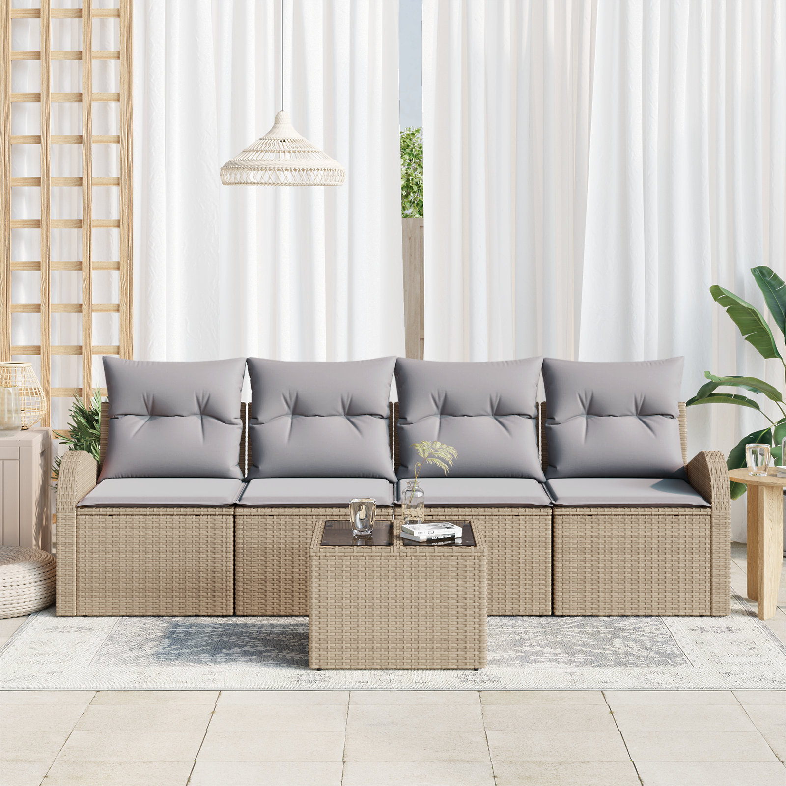 vidaXL 5-delige Tuinbankenset met kussens poly rattan beige