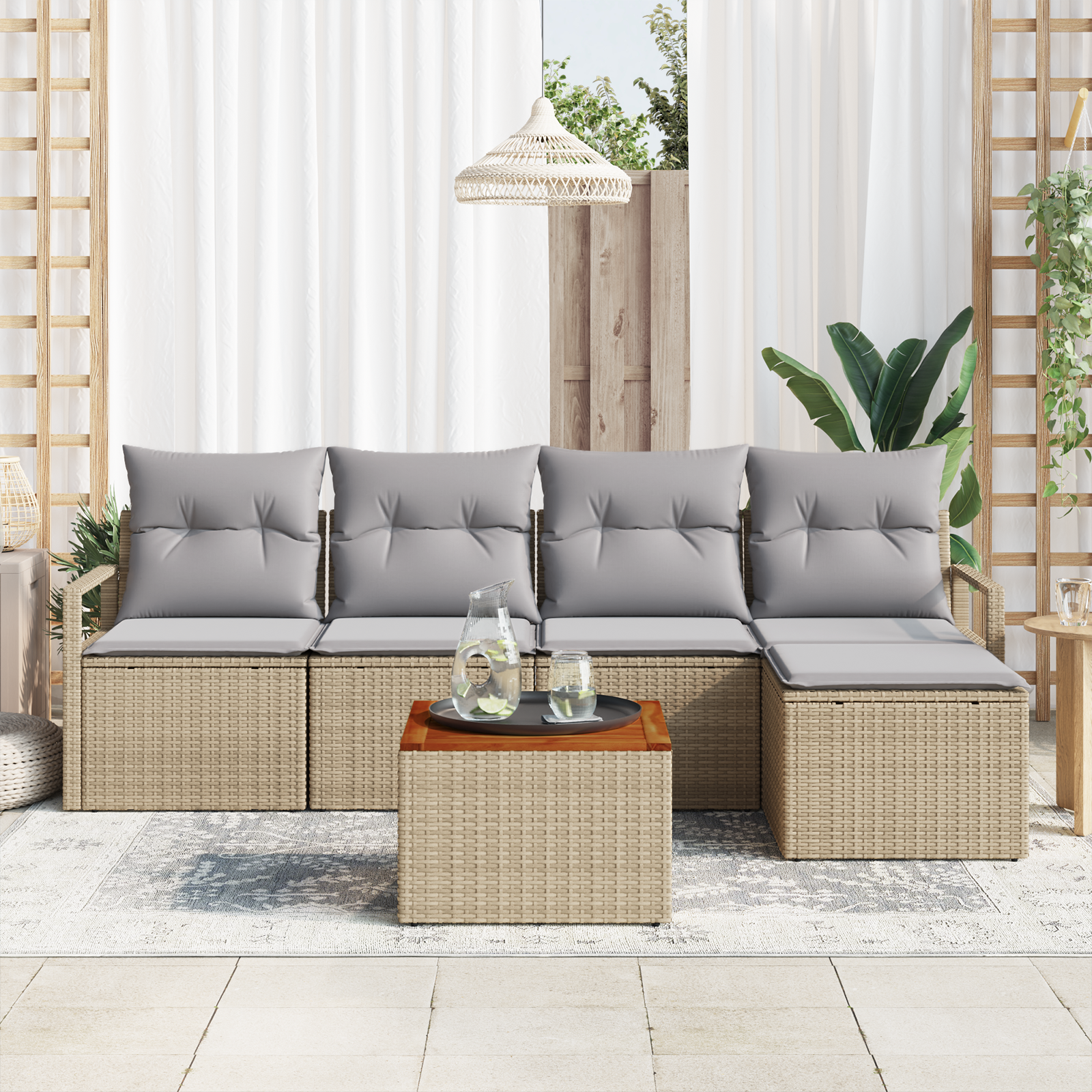 vidaXL 6-delige ligbed set met kussens Beige Poly Rattan Acacia