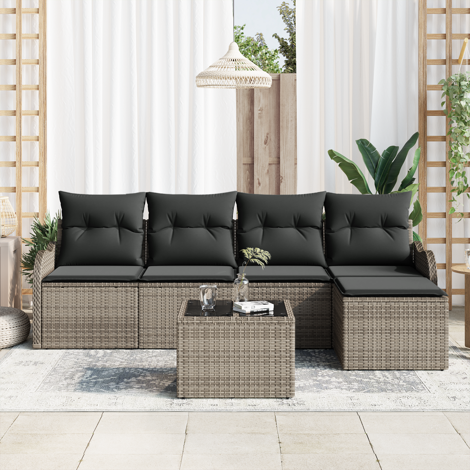 vidaXL 5-delige tuinsofa set met kussens zwart poly rattan