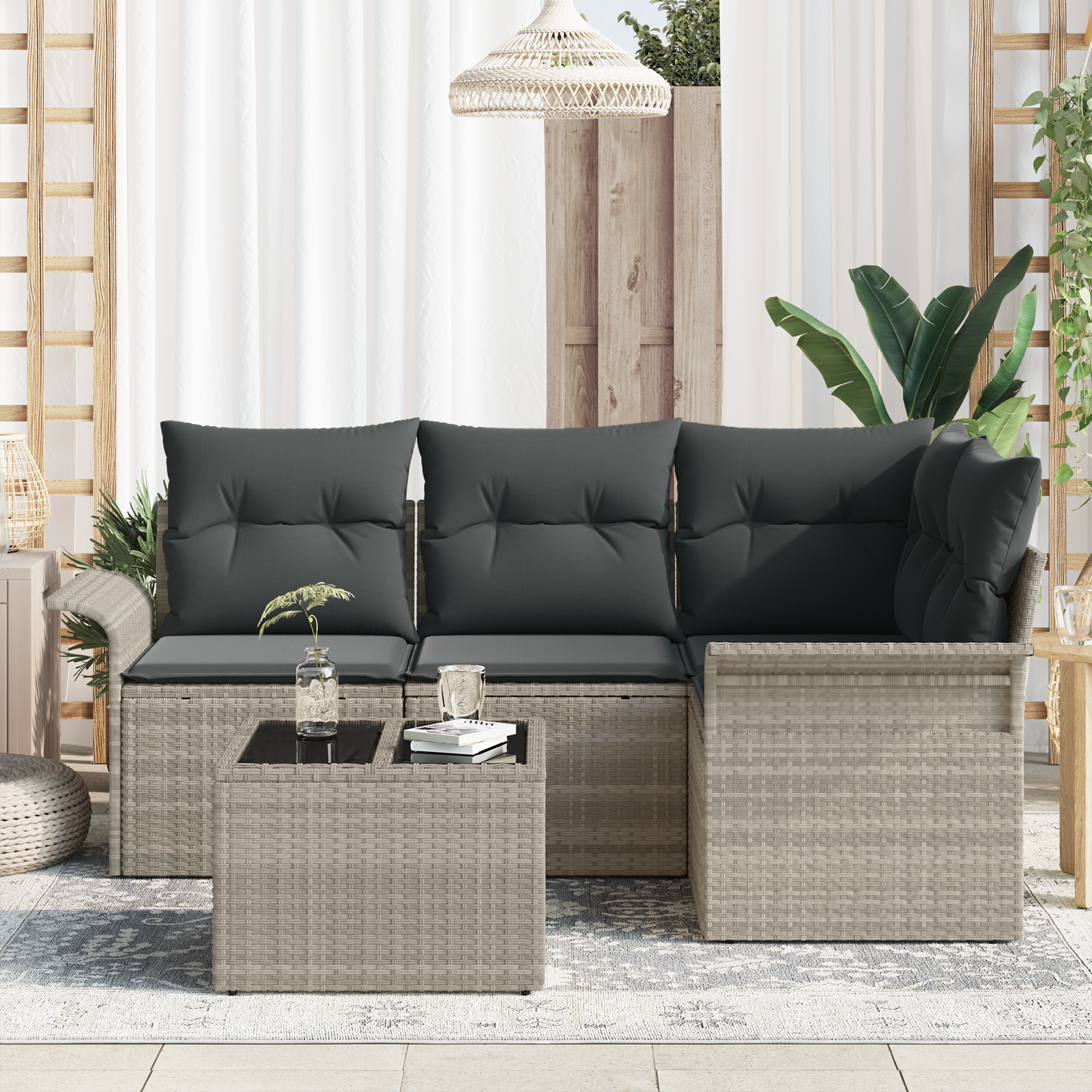 vidaXL 5-delige tuinsofa set met kussens in grijs poly rattan
