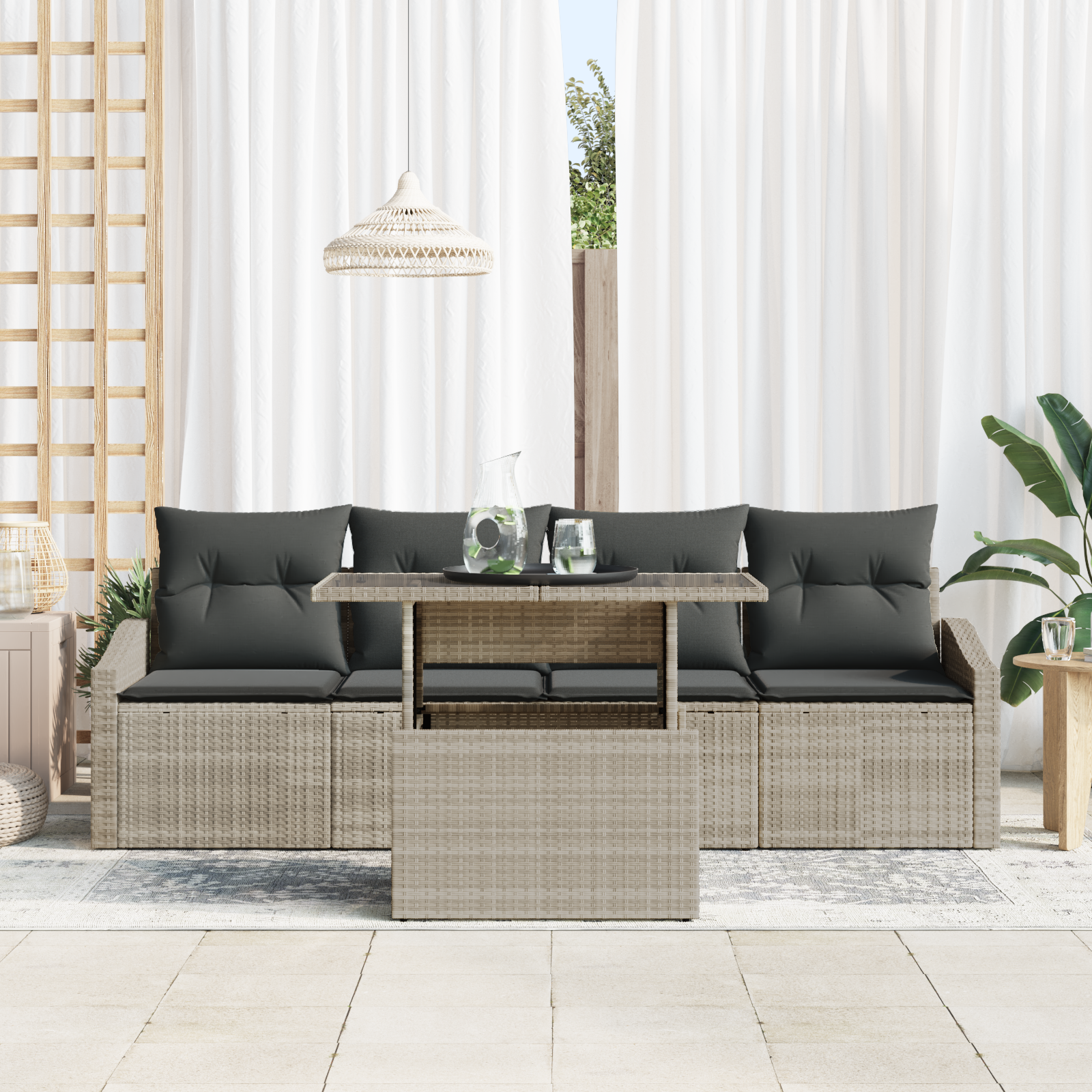vidaXL 5-delige Tuinbankenset met kussens poly rattan lichtgrijs