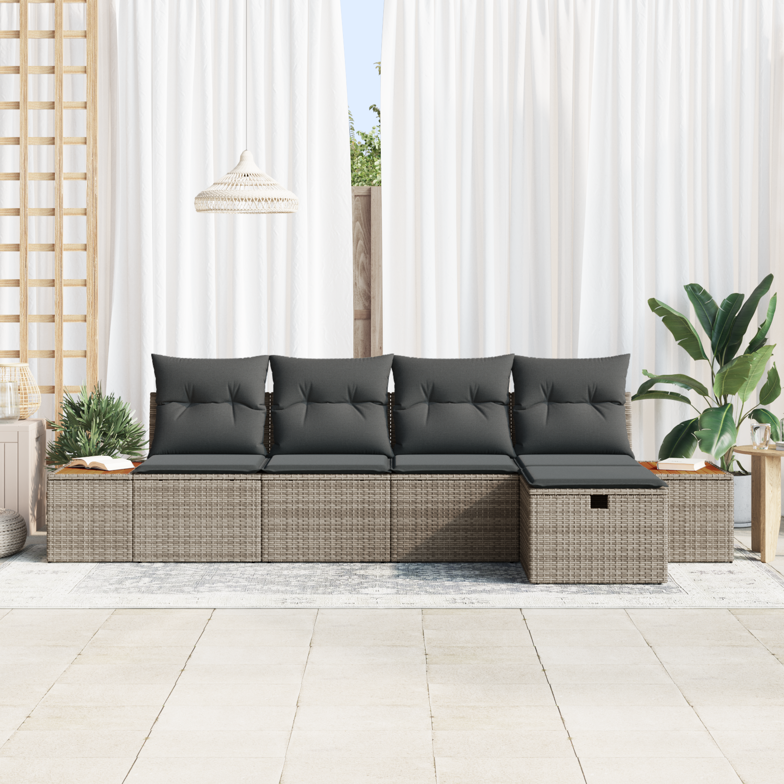 vidaXL 5-delige tuinset met kussens in grijs poly rattan