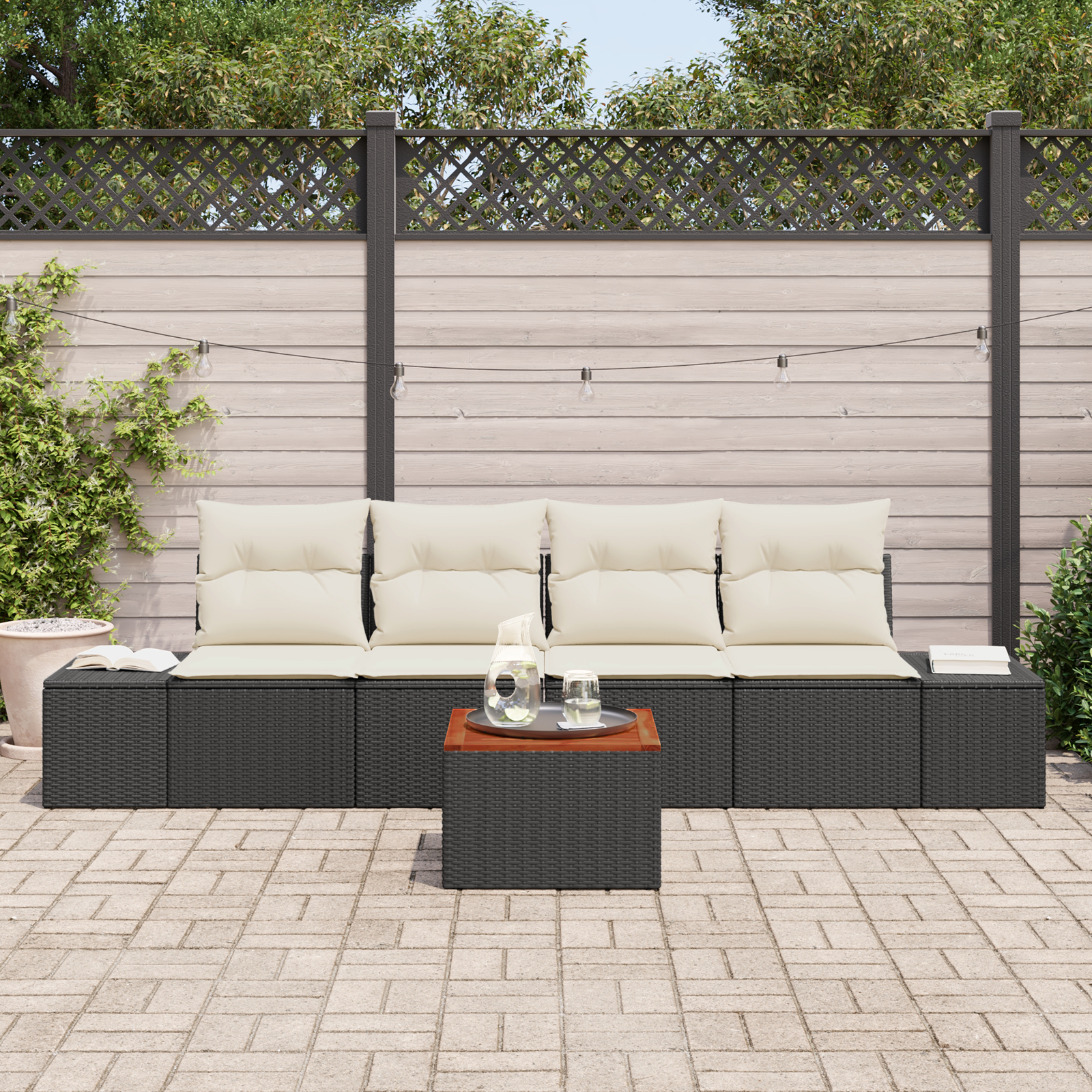 vidaXL 5-delig tuinbankstel met kussens, zwart poly rattan, acacia
