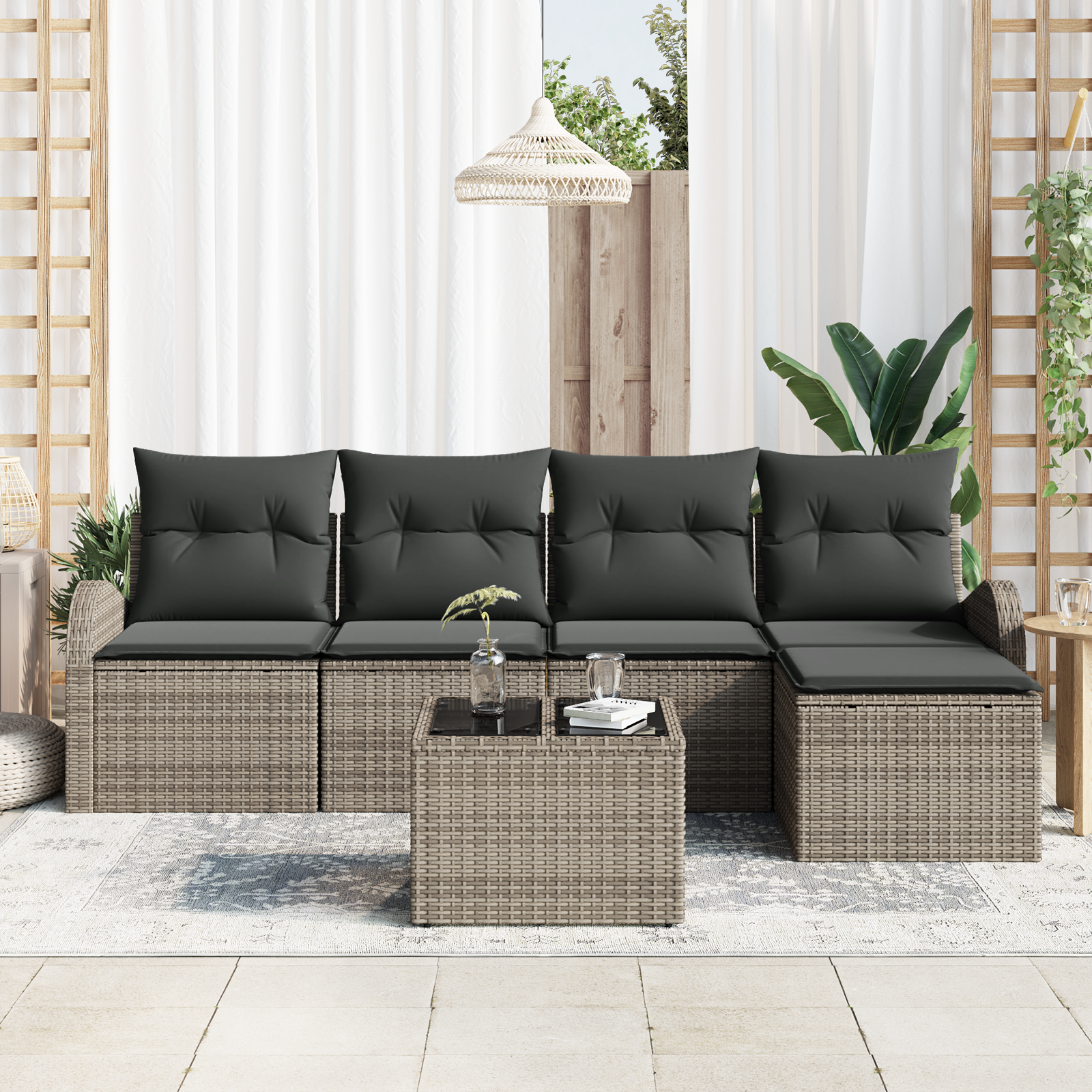 vidaXL 5-delige Tuinbankenset met kussens poly rattan zwart