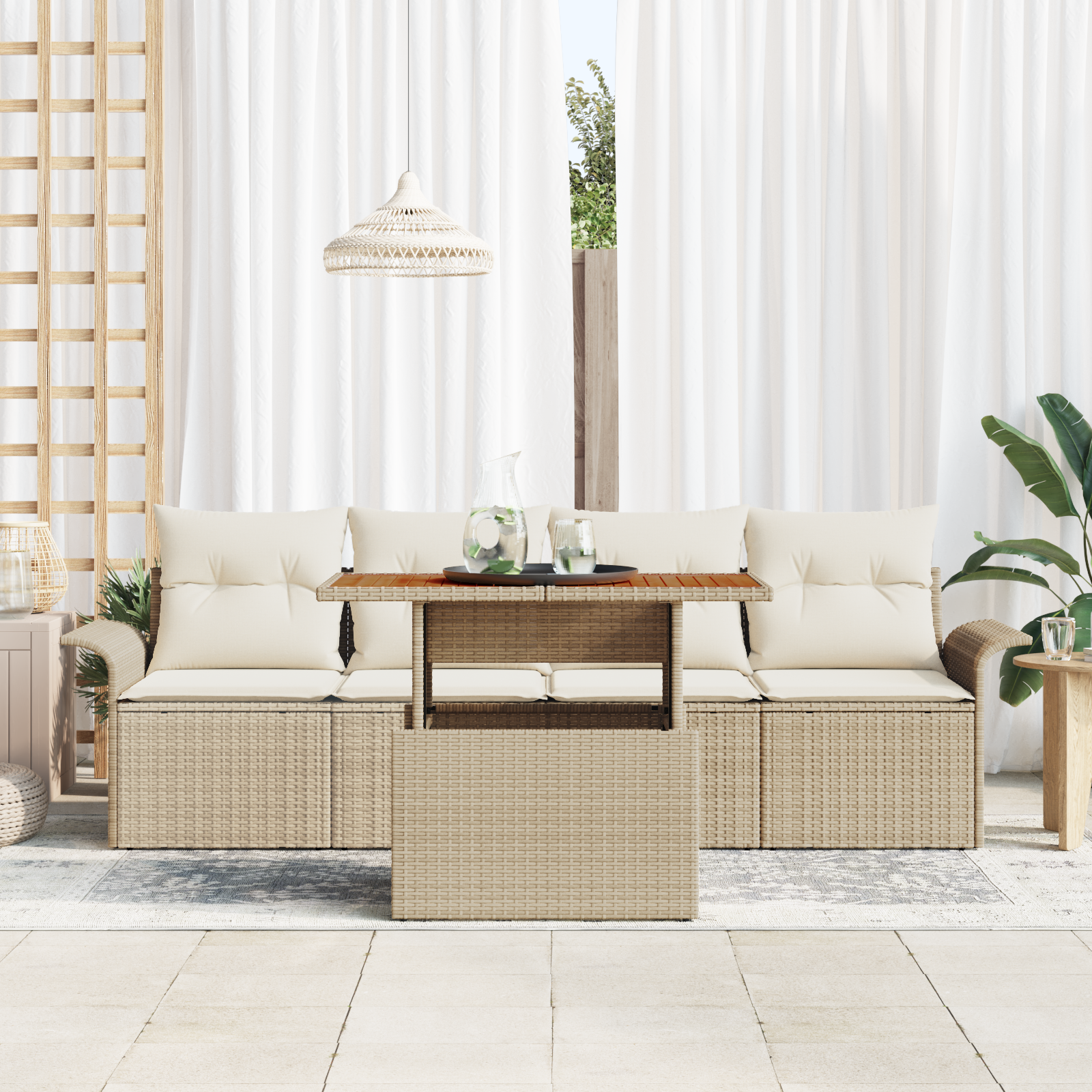 vidaXL 5-delige tuinset met kussens in Beige Poly Rattan en Acacia