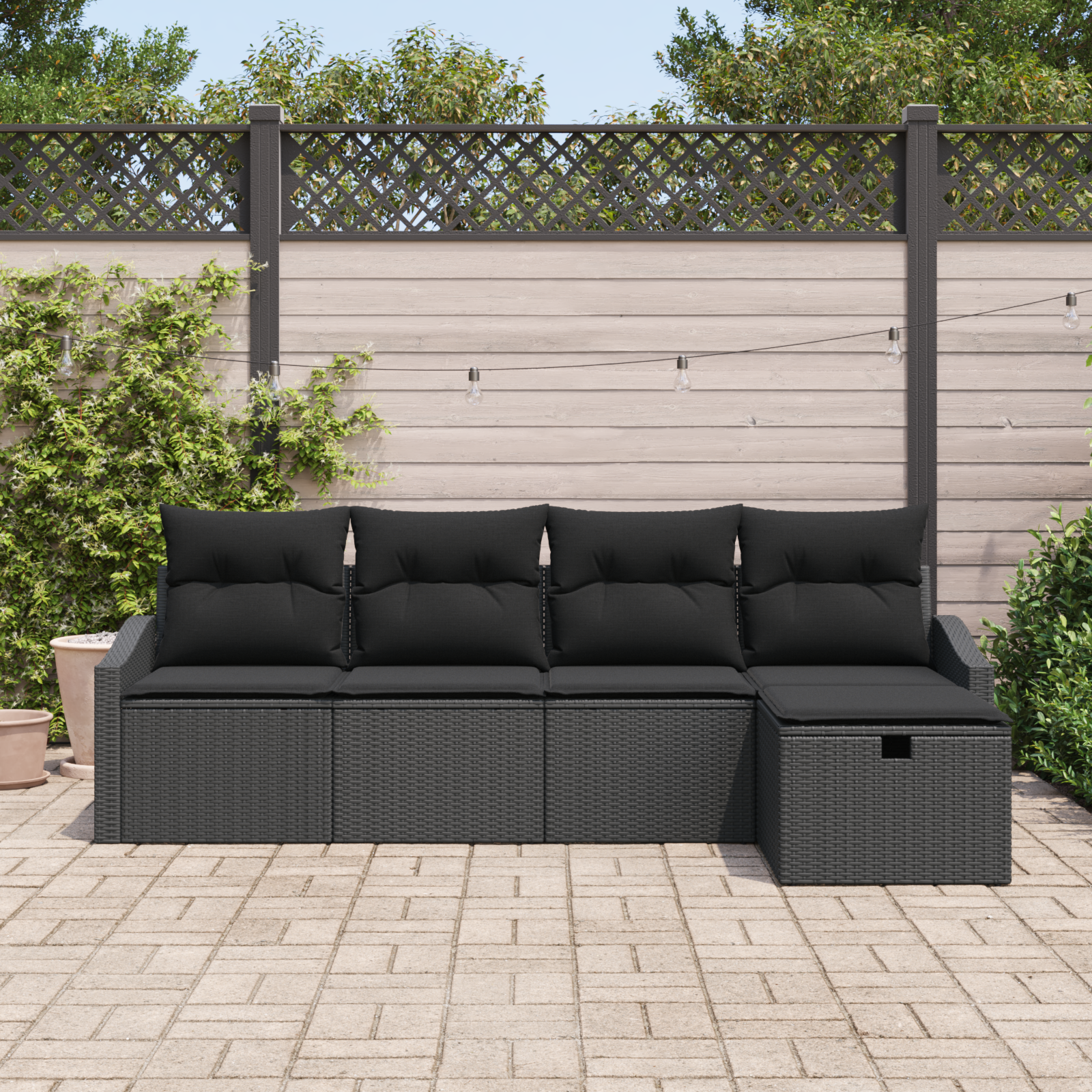 vidaXL 5-delige Tuinbankenset met kussens poly rattan zwart
