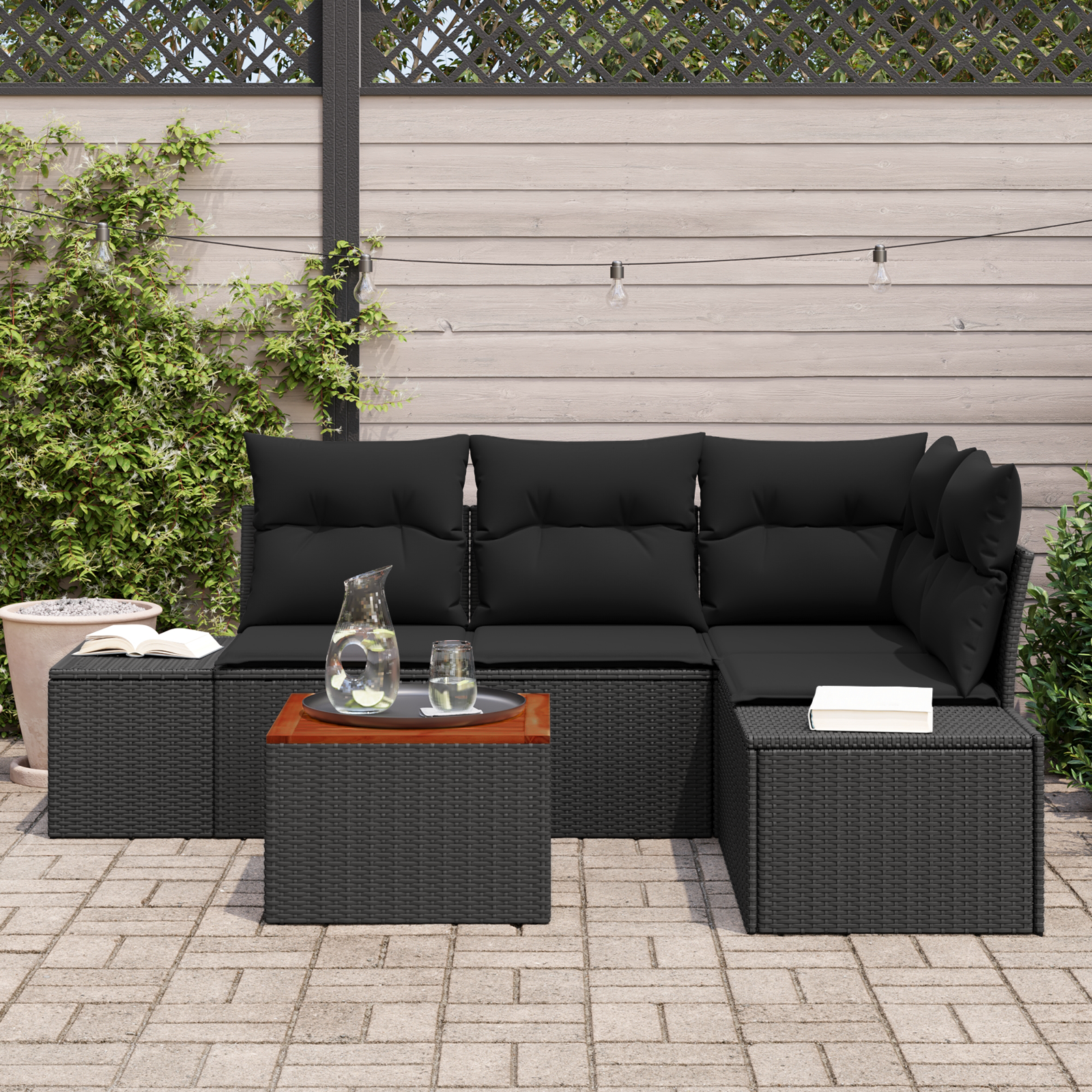vidaXL 5-delige tuinset met kussens in zwart poly rattan en acacia