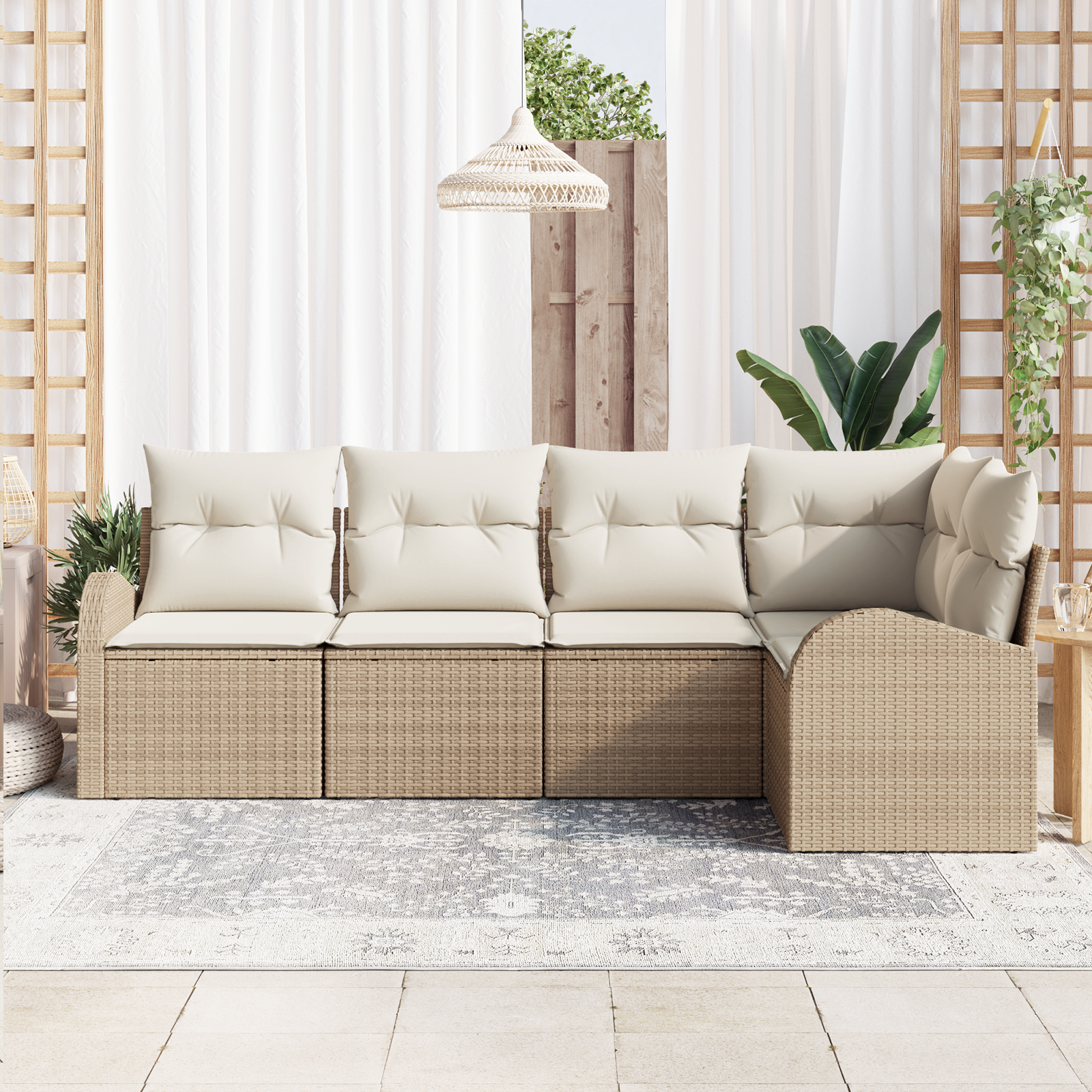 vidaXL 5-delige Tuinbank Set met Kussens - Beige Poly Rattan