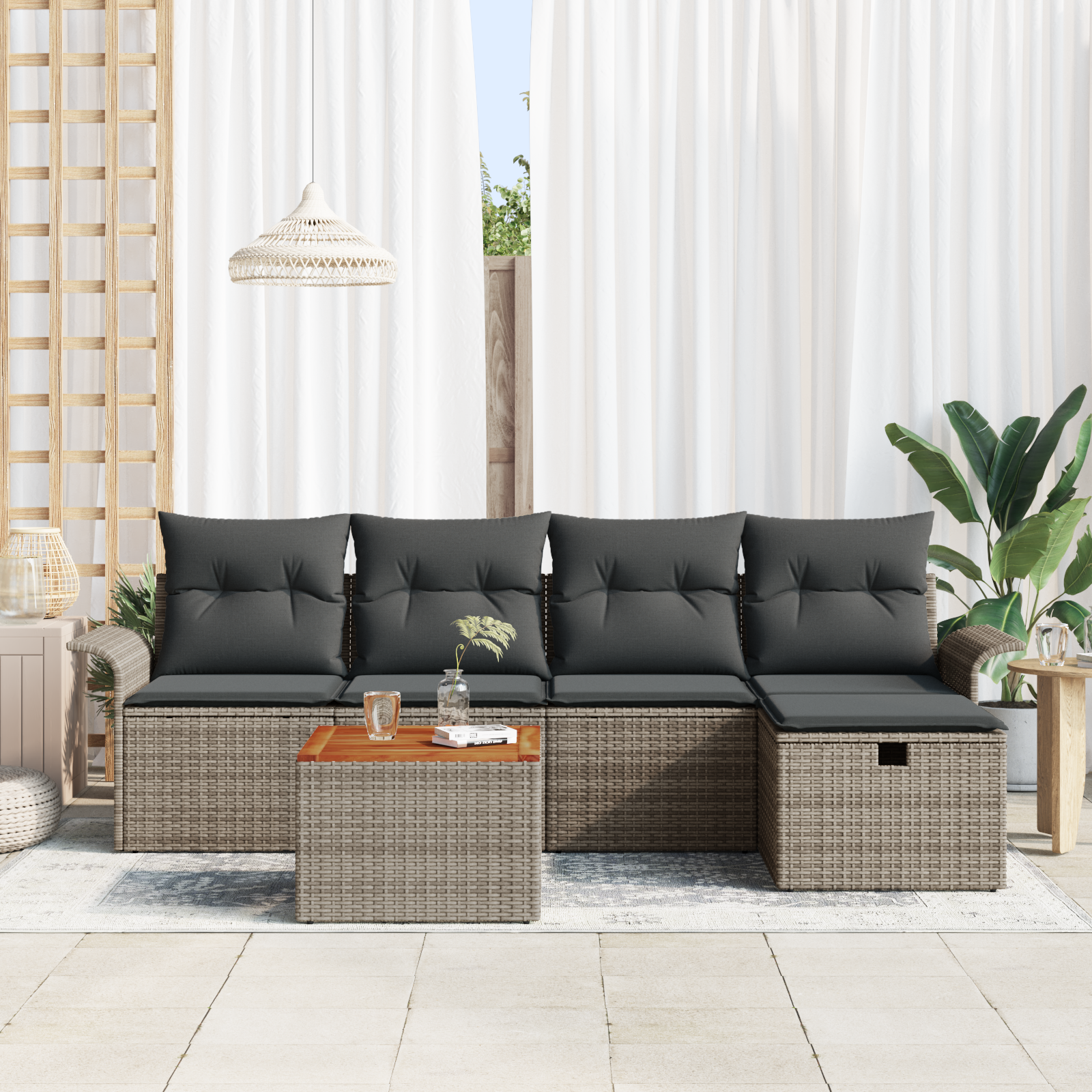 vidaXL 6-delige Tuinbankenset met kussens poly rattan grijs