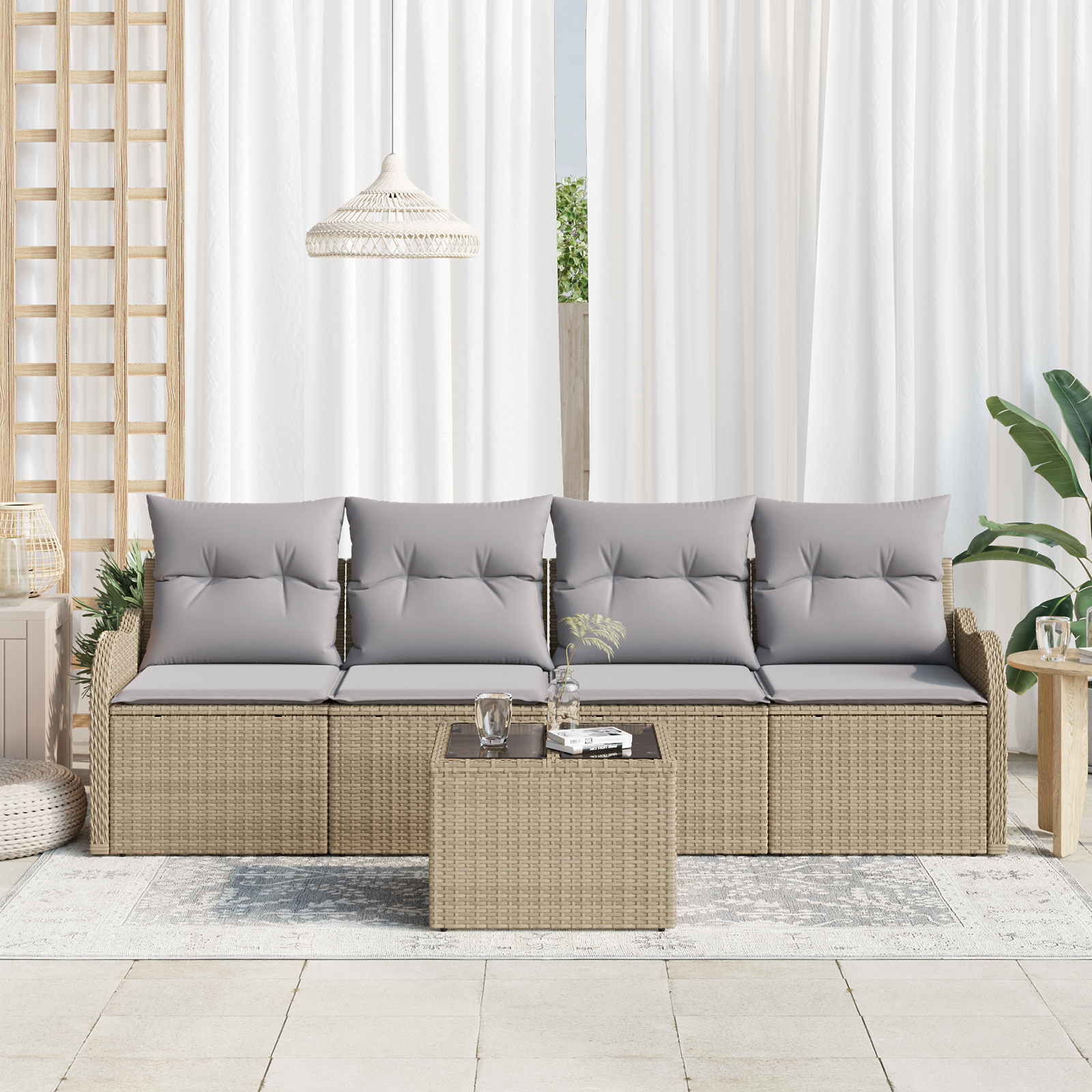 vidaXL 5-delige tuinset met kussens in beige poly rattan