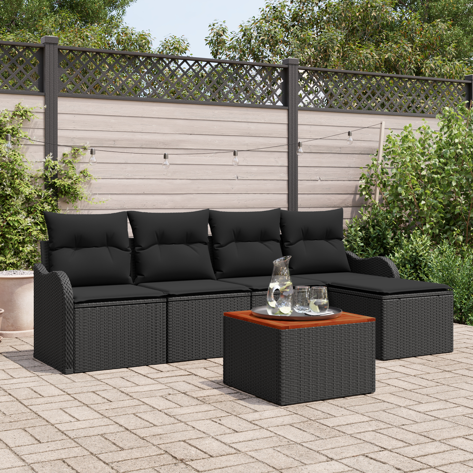 vidaXL 6-delige tuinsofa set met kussens zwart poly riet acacia