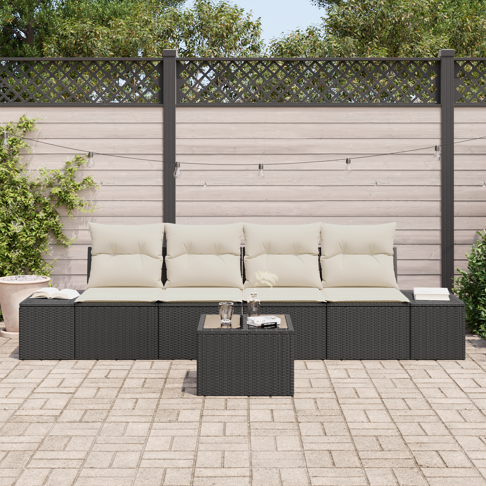vidaXL 5-delige Tuinbankenset met kussens poly rattan zwart