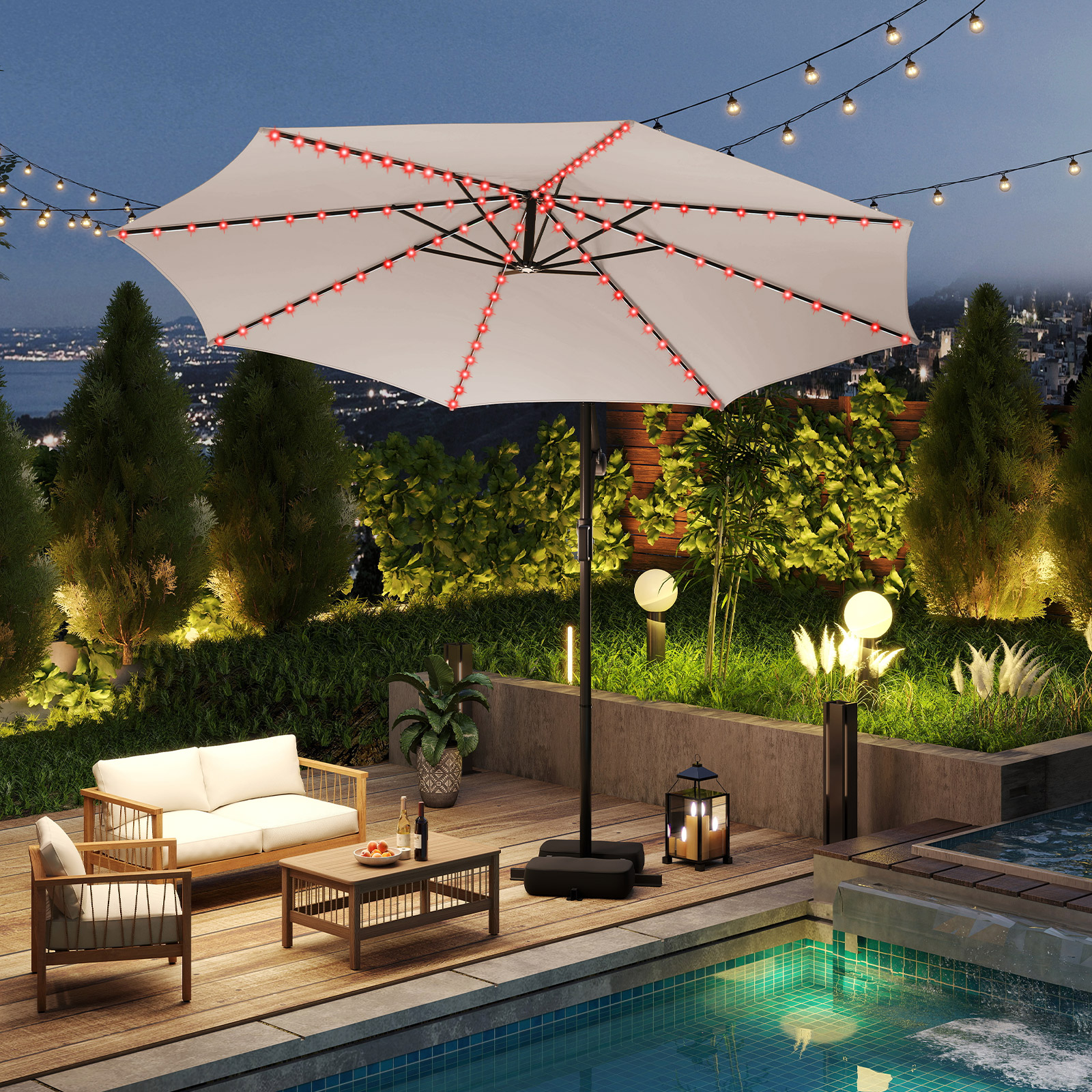 Costway 300 cm Parasol met LED-verlichting 9 modi Zweefparasol met Zandzakken & Slinger Verstelbare Hellingshoek Beige