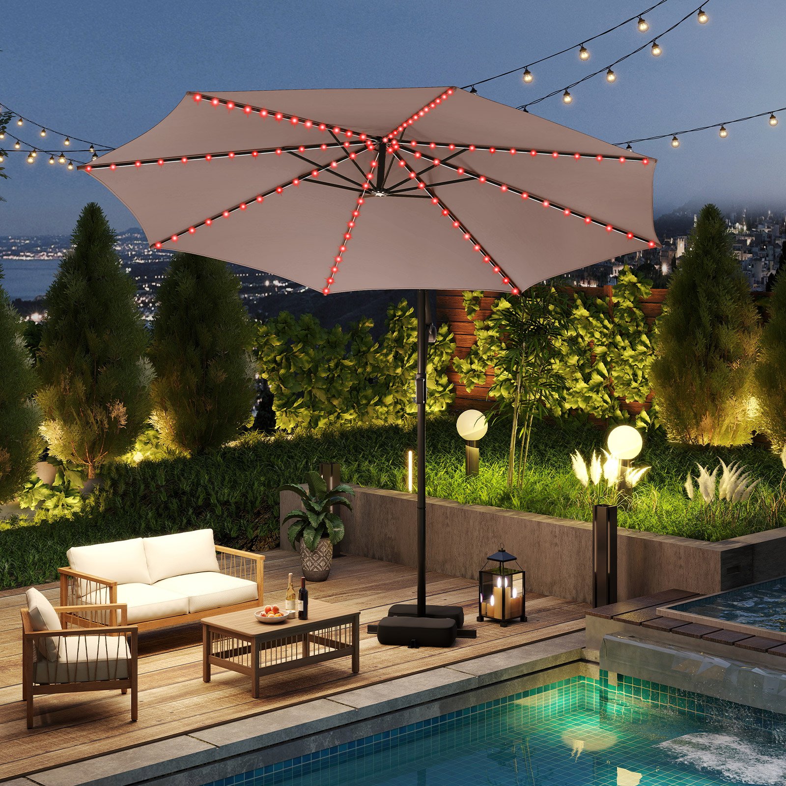 Costway 300 cm Parasol met LED-verlichting 9 modi Zweefparasol met Zandzakken & Slinger Verstelbare Hellingshoek Bruin