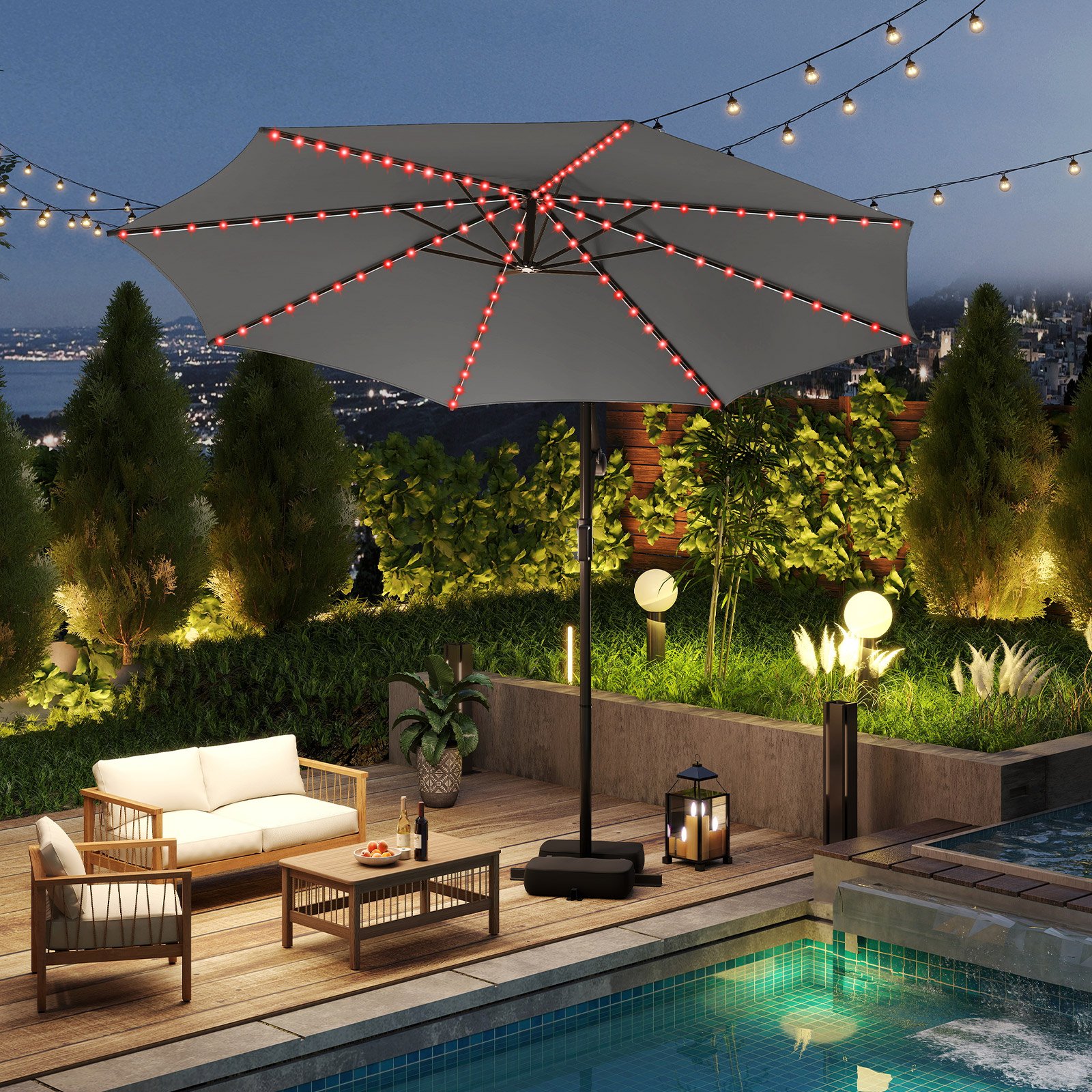Costway 300 cm Parasol met LED-verlichting 9 modi Zweefparasol met Zandzakken & Draaimechanisme Kantelhoek Verstelbaar Grijs