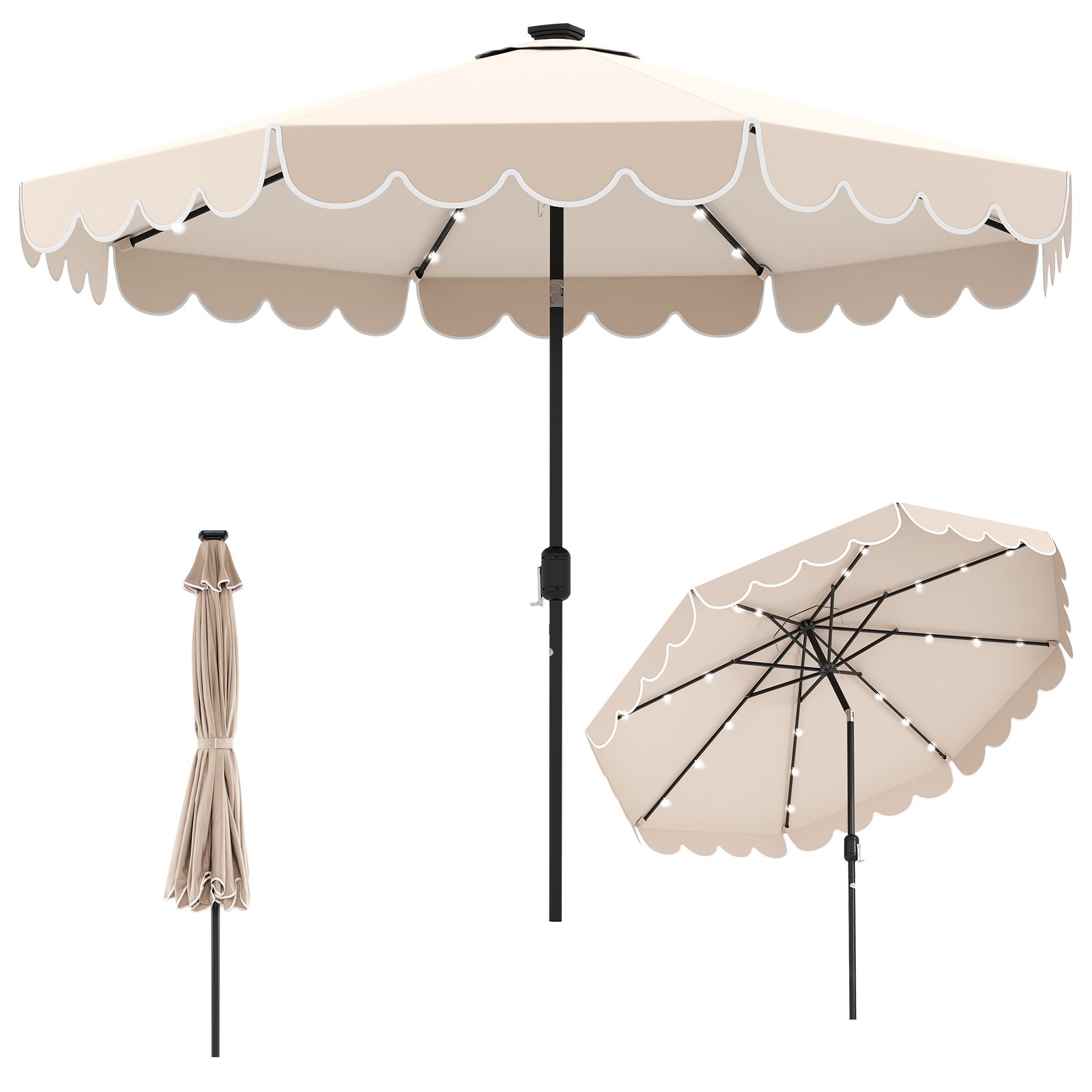 Costway 300 cm Parasol met LED-verlichting Tuinparasol met Slinger en Volant aan Beide Zijden 35° Kantelbaar Beige
