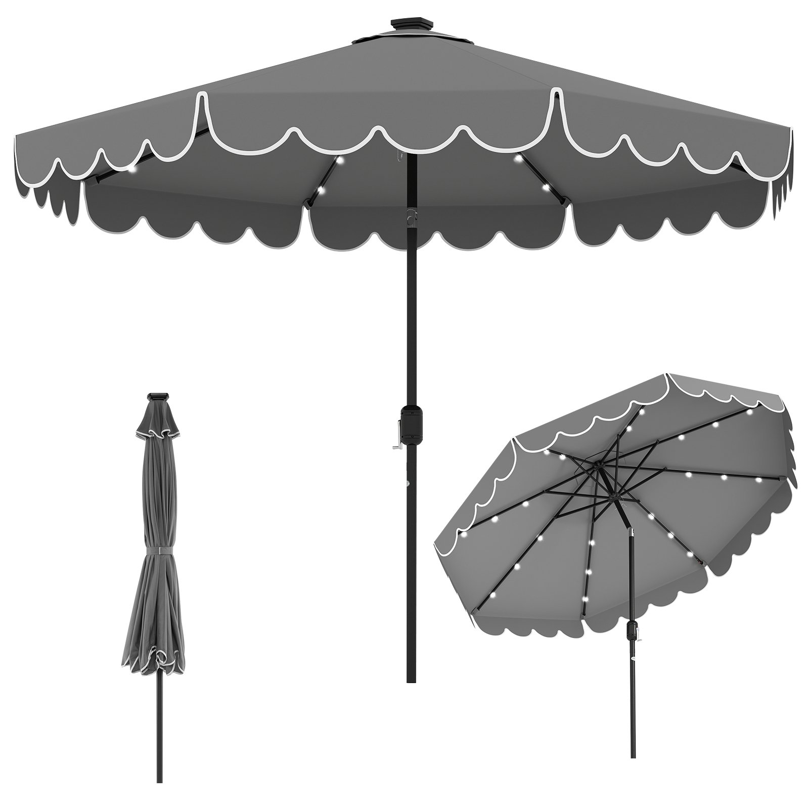 Costway 300 cm Parasol met LED-verlichting Tuinparasol met Slinger en Volant aan Beide Zijden 35° Kantelbaar Grijs