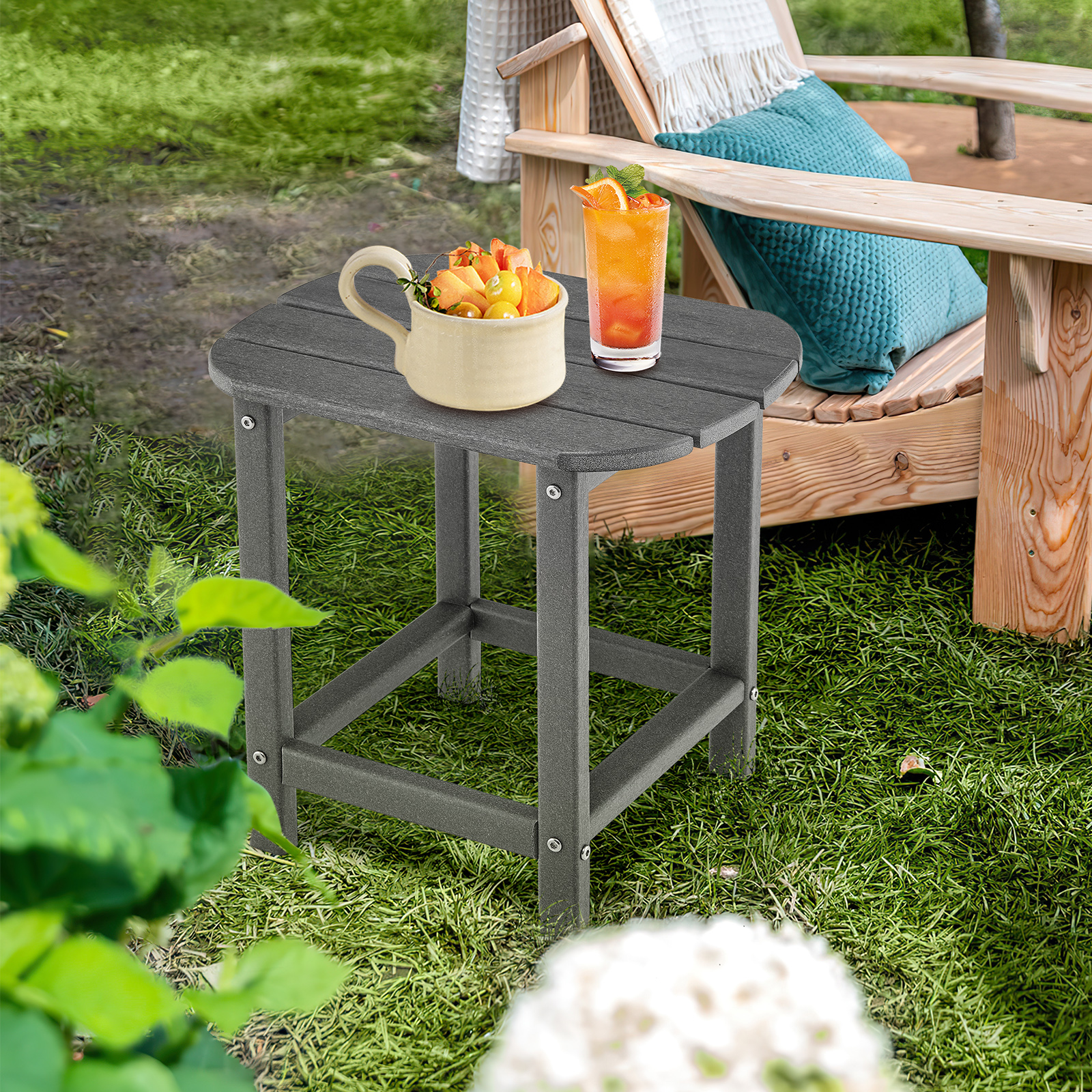 Costway Set van 2 Bijzettafels Gemaakt van HDPE Weerbestendige Adirondack Tuintafel Kleine Salontafel Grijs