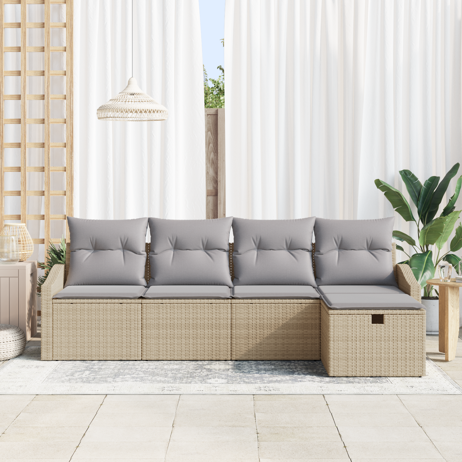 vidaXL 5-delige Tuinbankenset met kussens poly rattan beige