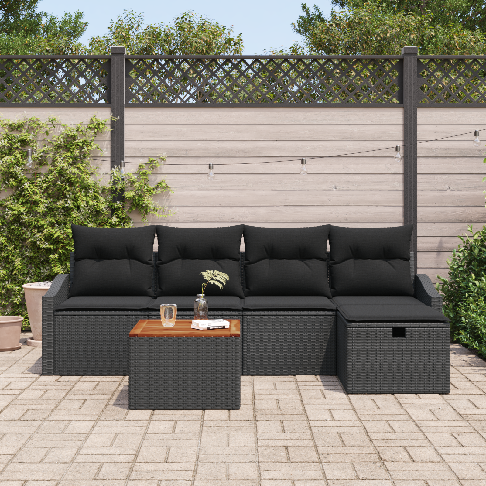 vidaXL 6-delige Tuinbankenset met kussens poly rattan zwart