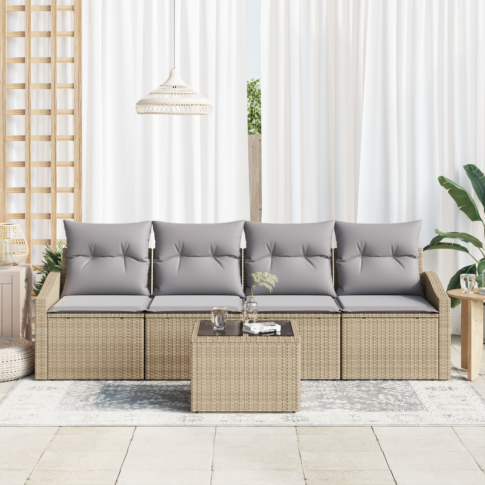 vidaXL 5-delige Tuin Eethoek met Kussens Beige Poly Rattan