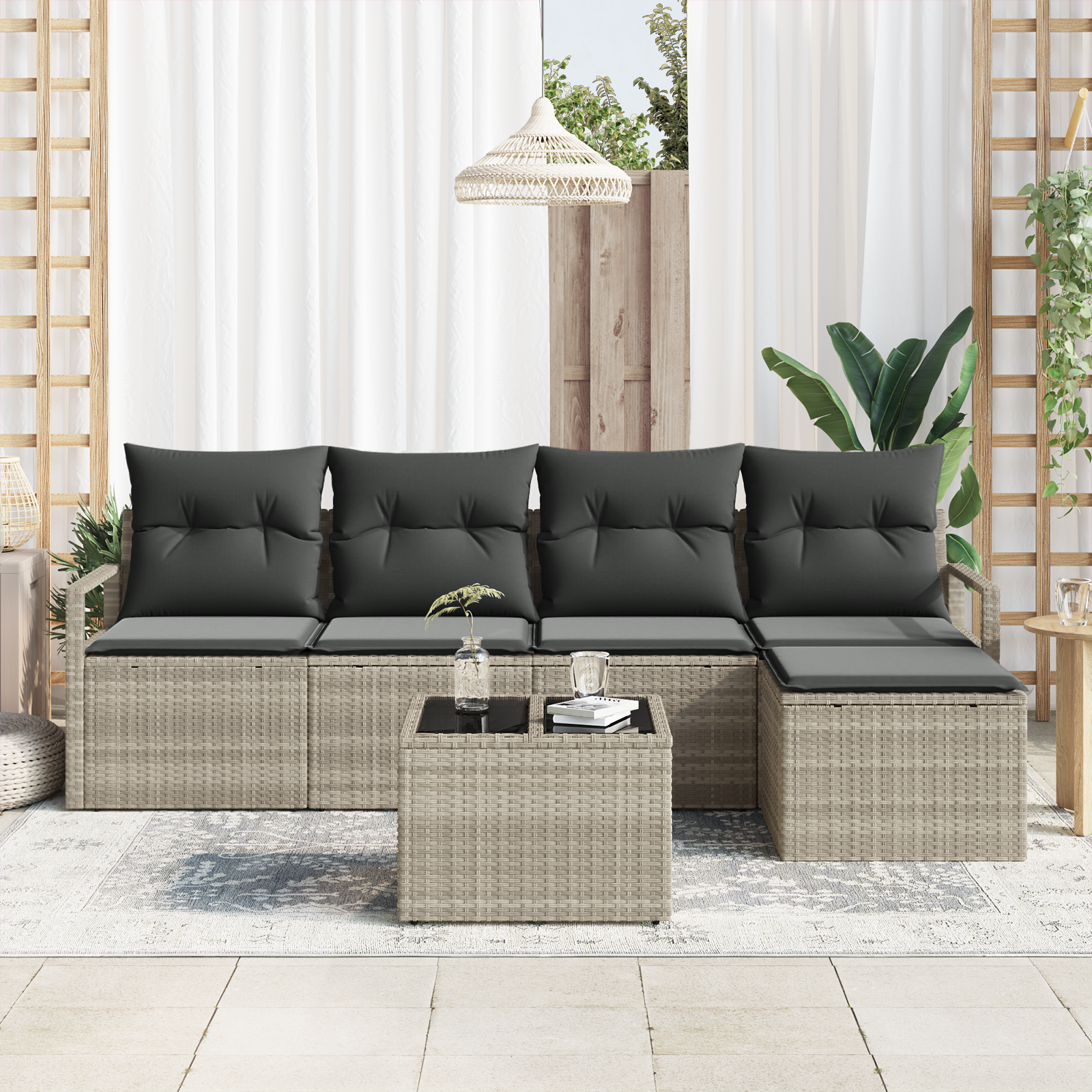 vidaXL 6-delige Tuinbankenset met kussens poly rattan grijs
