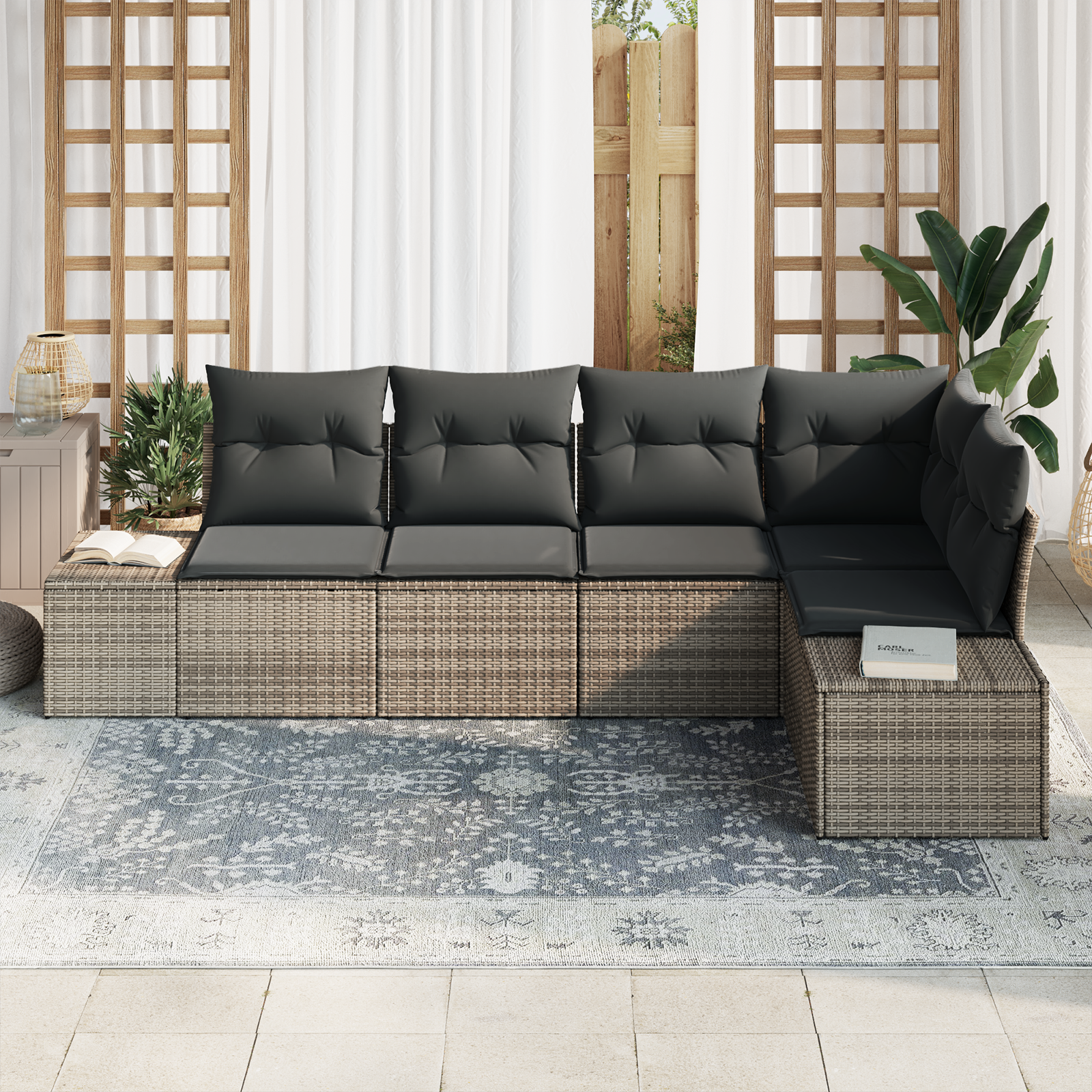 vidaXL 5-delige tuinset met kussens in grijs poly rattan