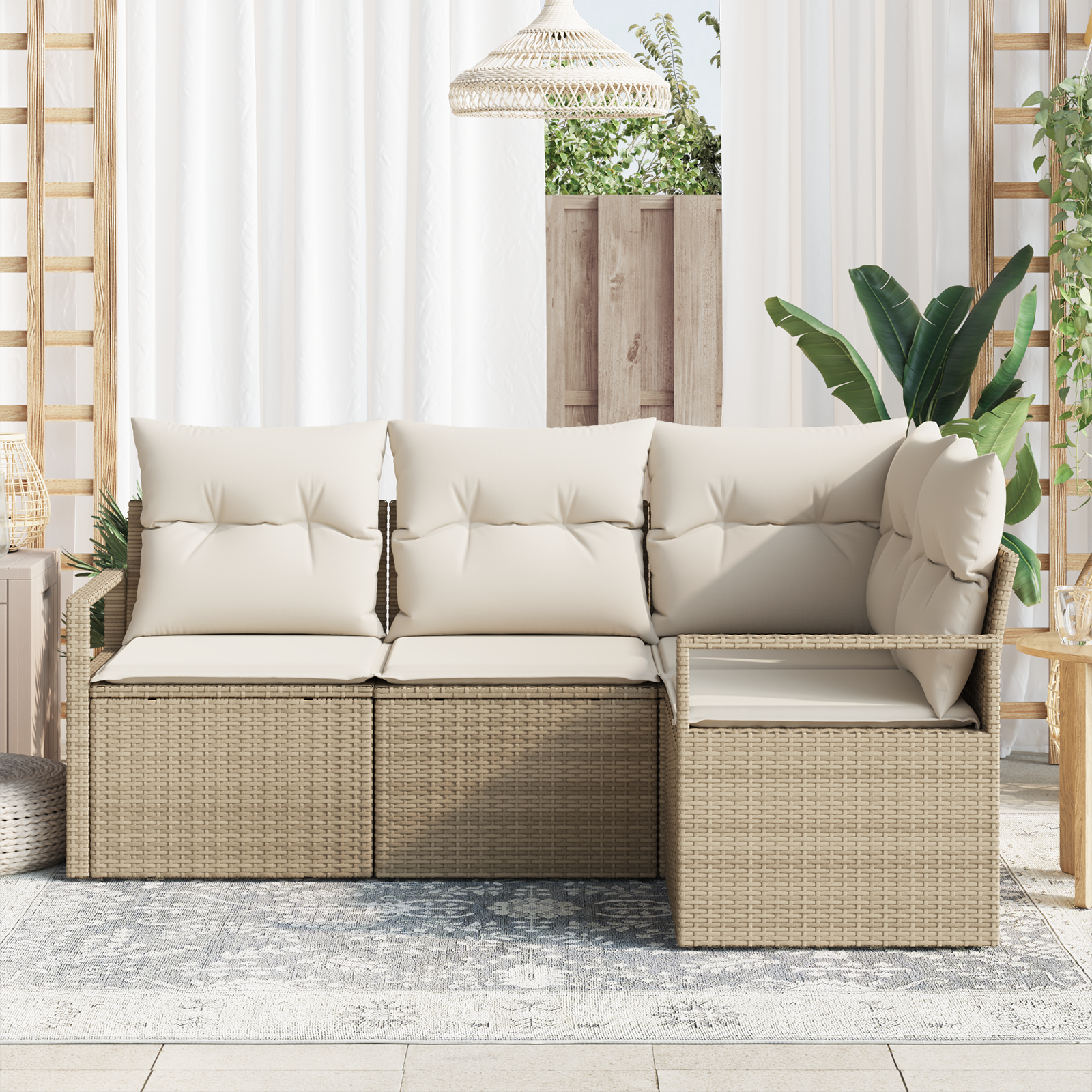 vidaXL 4-delige Tuinbankenset met kussens poly rattan beige