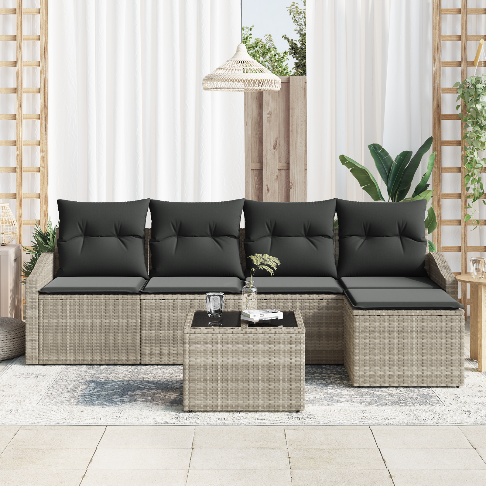 vidaXL 6-delige Tuinbankenset met kussens poly rattan grijs