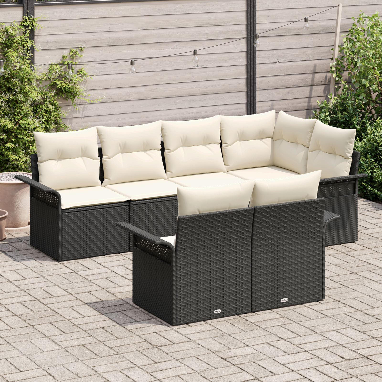 vidaXL 7-delige Tuinbankenset met kussens poly rattan zwart